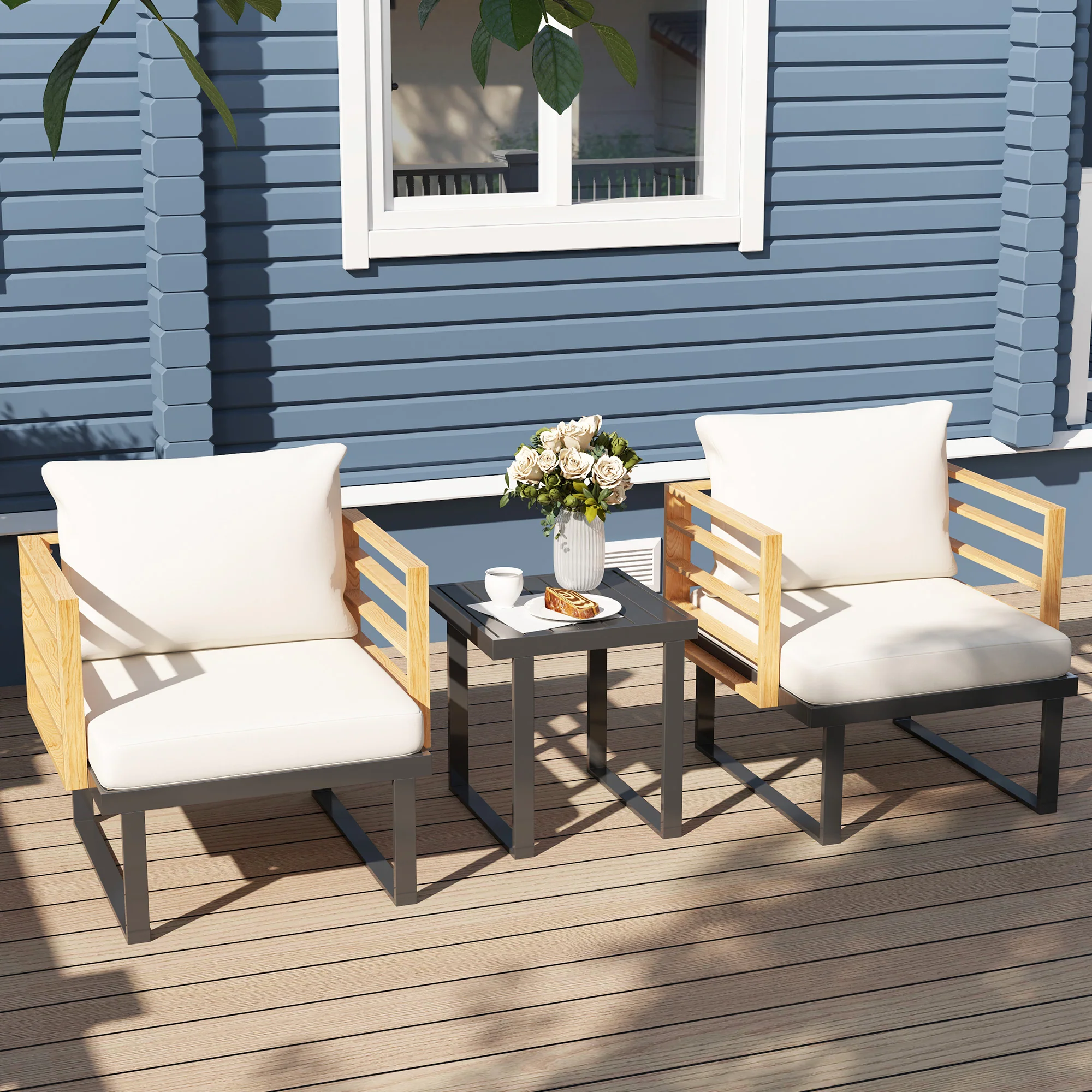3 Pcs Outdoor Bistro Set, 2 Armchairs with Cushions and Slatted Metal Top Table, Beige - Image 11