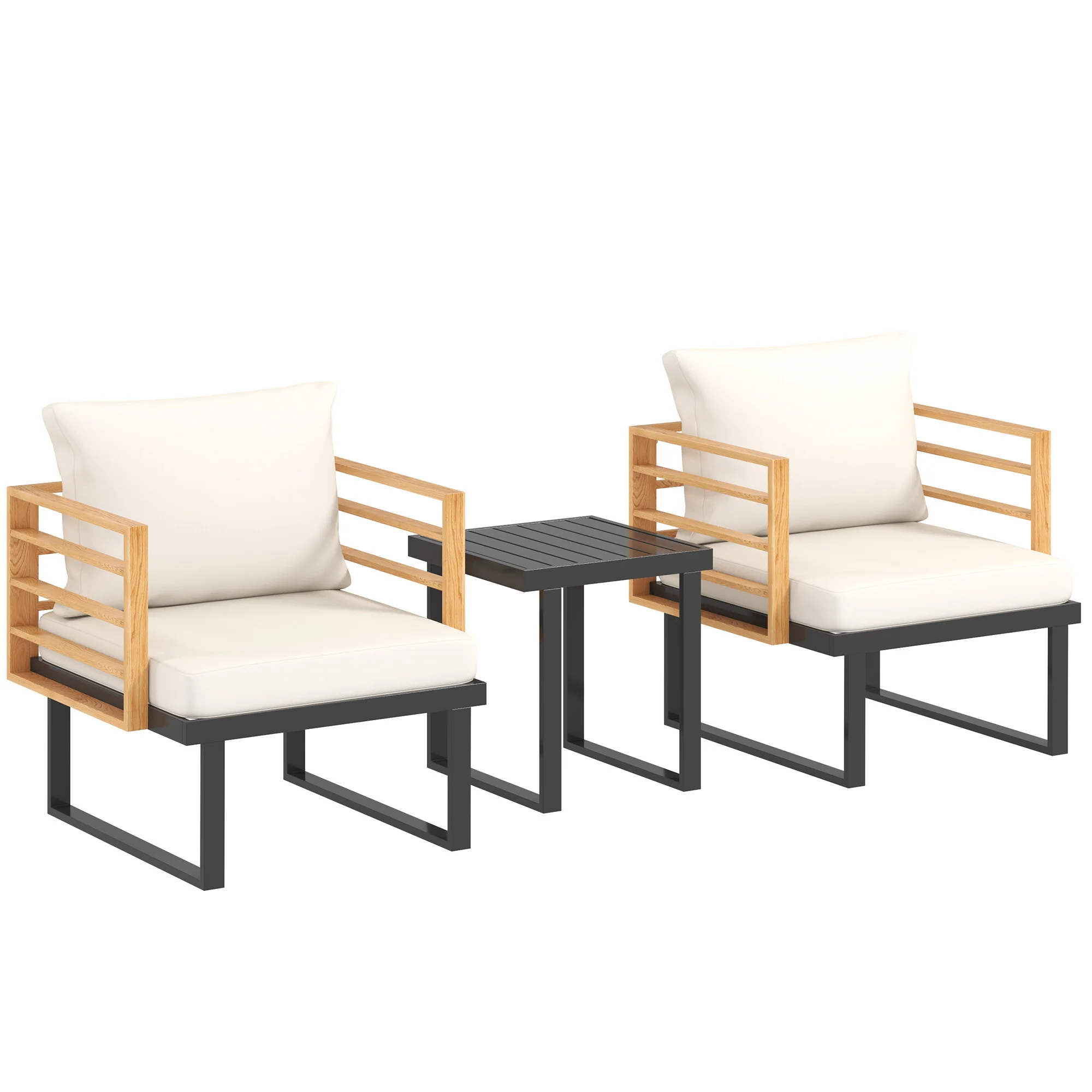 3 Pcs Outdoor Bistro Set, 2 Armchairs with Cushions and Slatted Metal Top Table, Beige - Image 12
