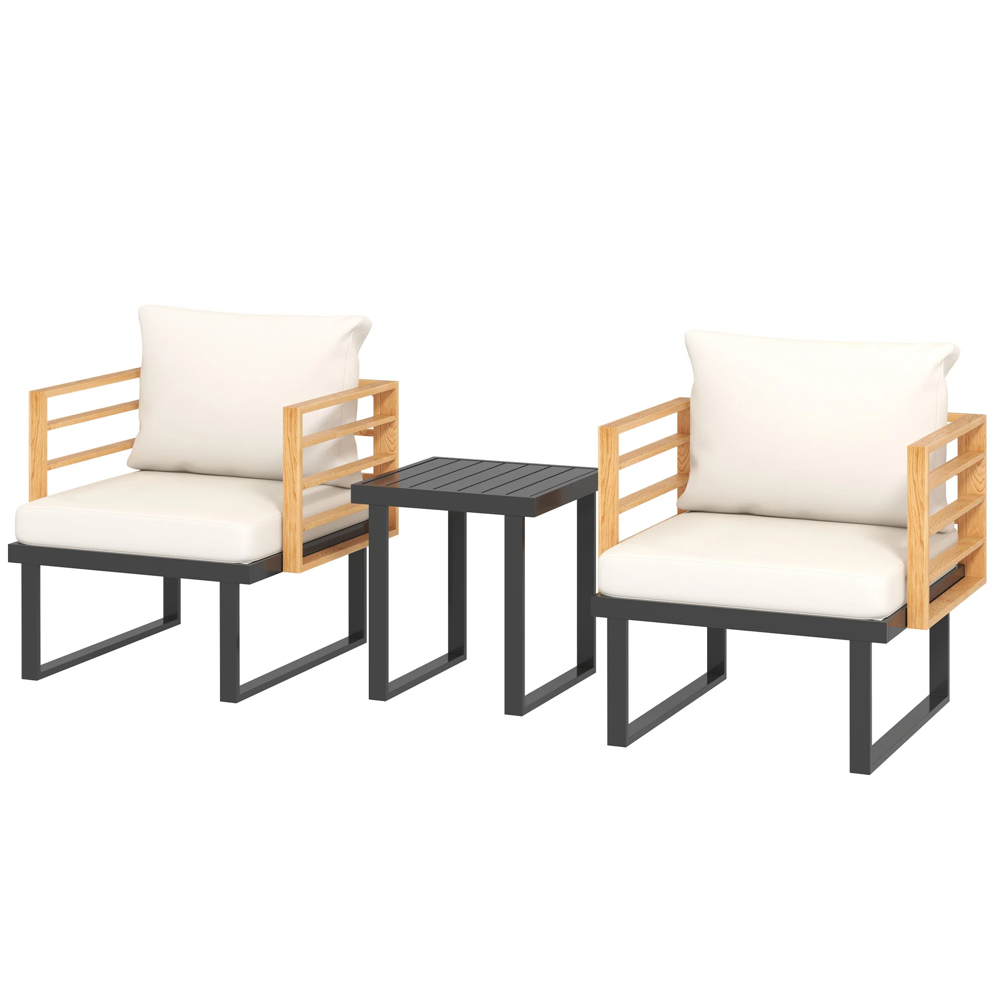 3 Pcs Outdoor Bistro Set, 2 Armchairs with Cushions and Slatted Metal Top Table, Beige - Image 2