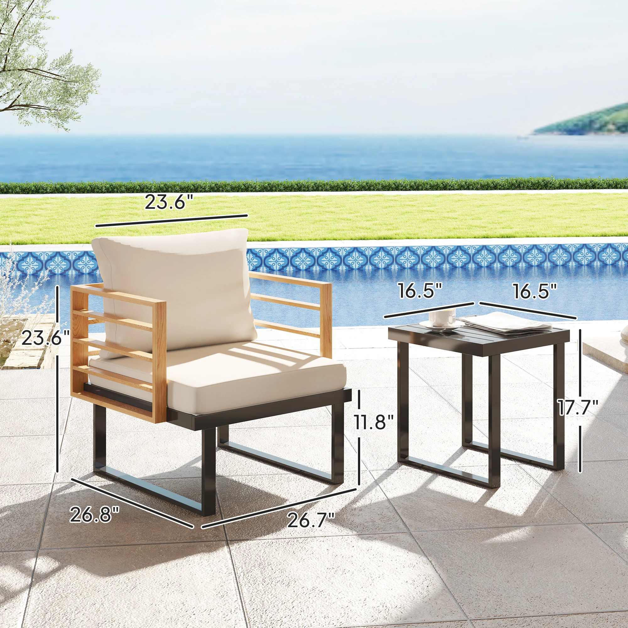 3 Pcs Outdoor Bistro Set, 2 Armchairs with Cushions and Slatted Metal Top Table, Beige - Image 5