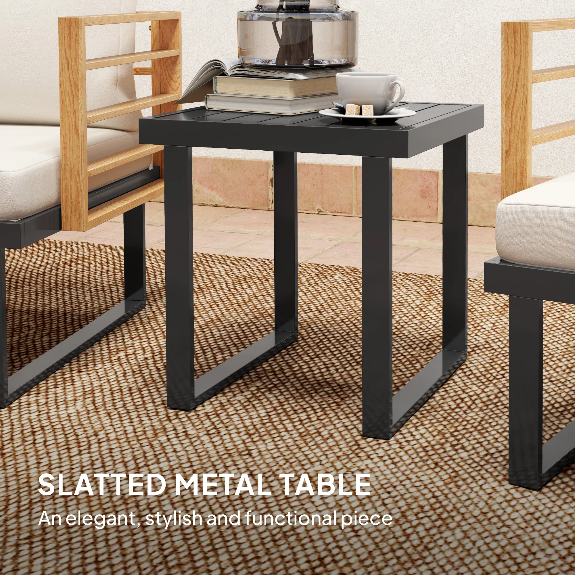 3 Pcs Outdoor Bistro Set, 2 Armchairs with Cushions and Slatted Metal Top Table, Beige - Image 9
