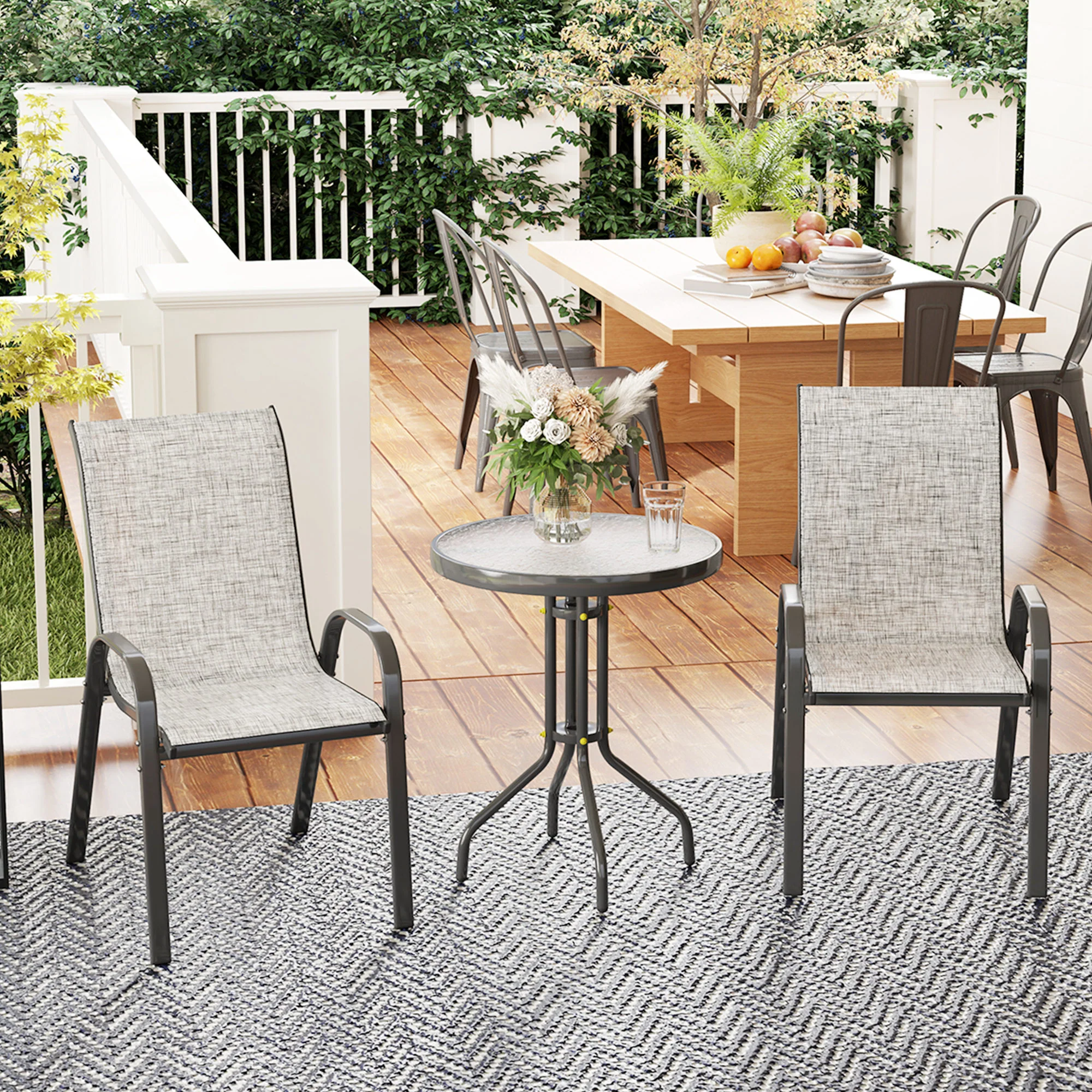 3-Piece Small Patio Set with Stackable Chairs and Glass Tabletop, Gray - Image 3