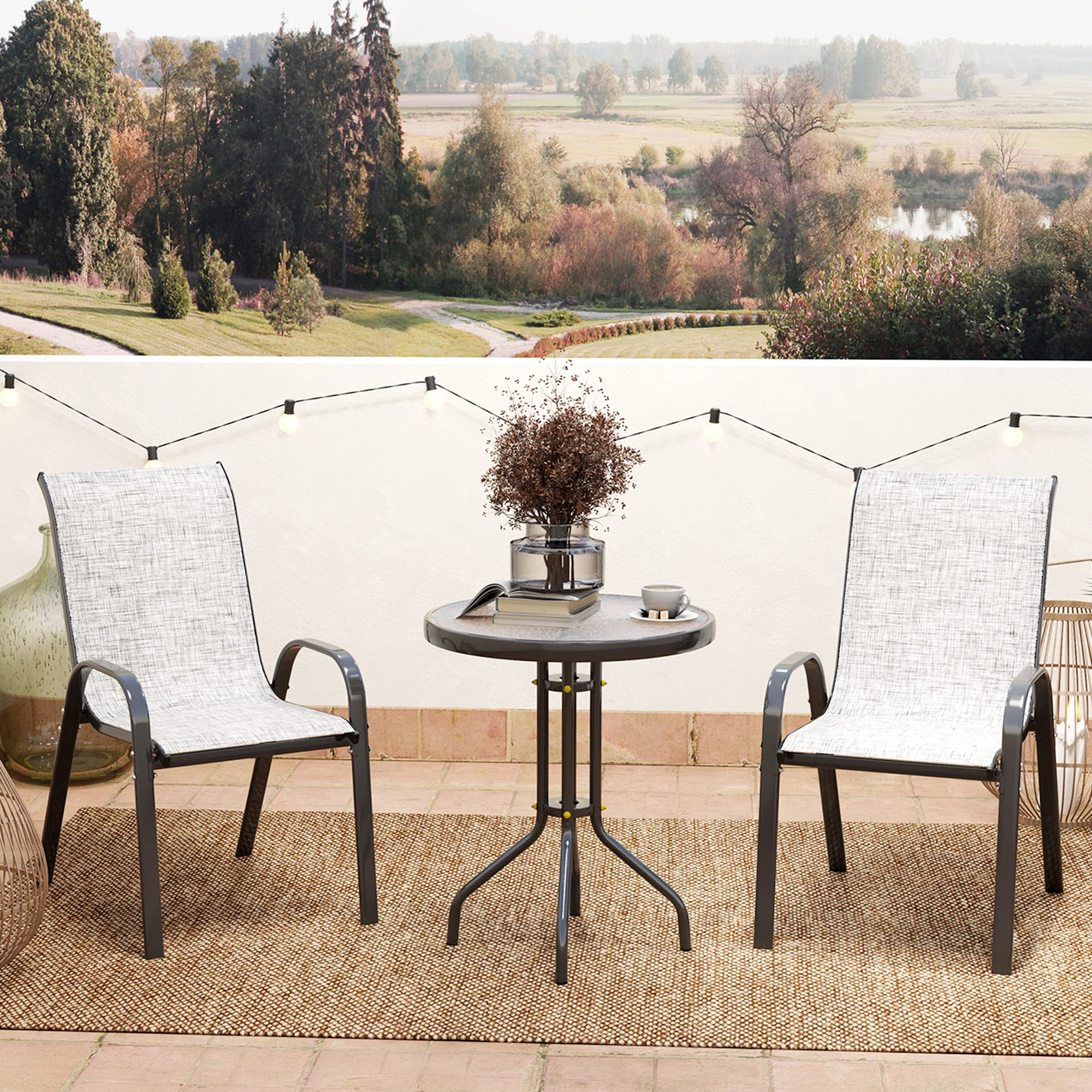 3-Piece Small Patio Set with Stackable Chairs and Glass Tabletop, Gray - Image 4