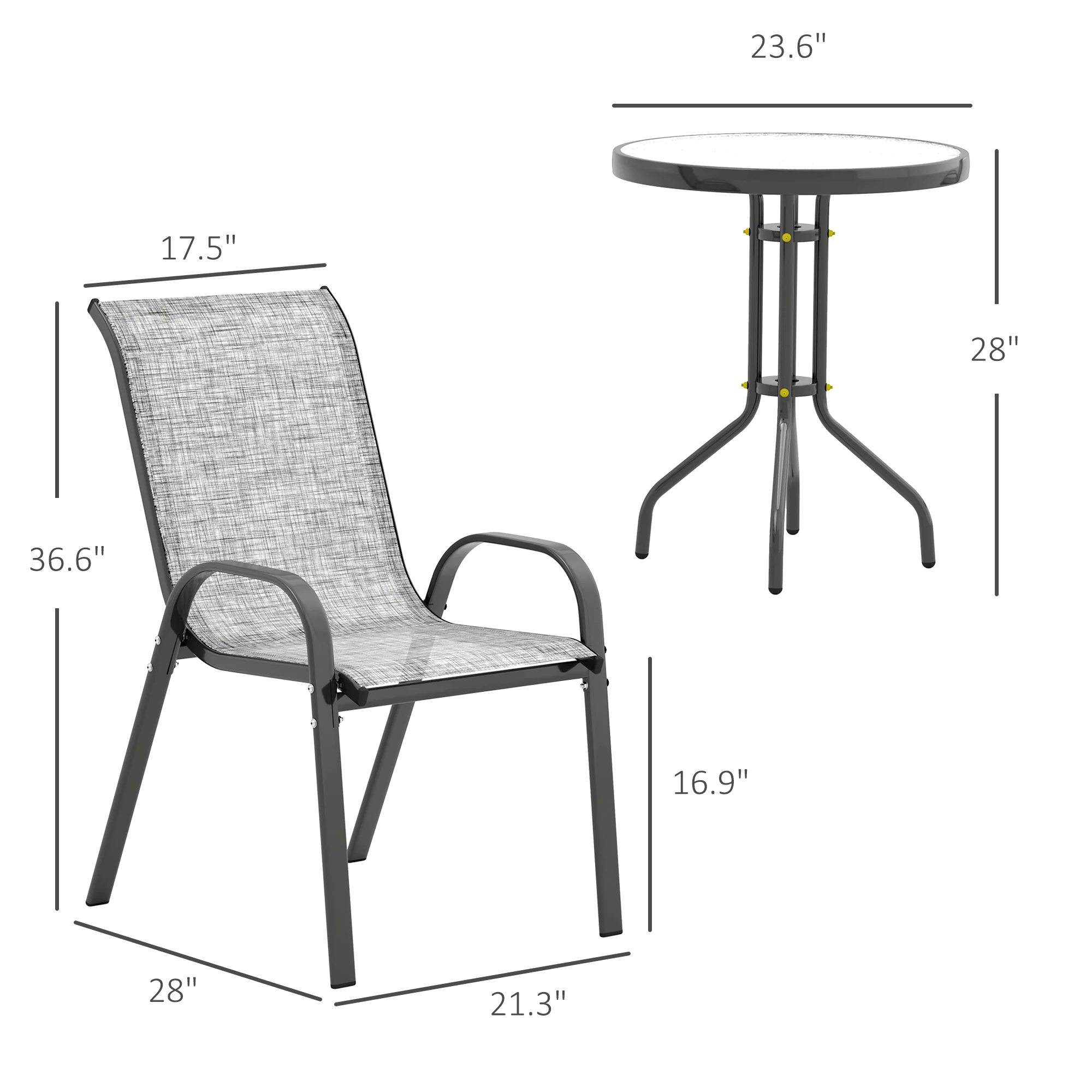 3-Piece Small Patio Set with Stackable Chairs and Glass Tabletop, Gray - Image 5