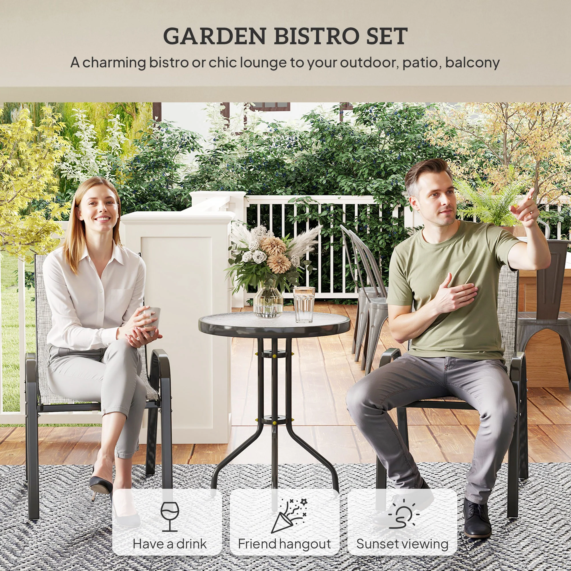 3-Piece Small Patio Set with Stackable Chairs and Glass Tabletop, Gray - Image 6