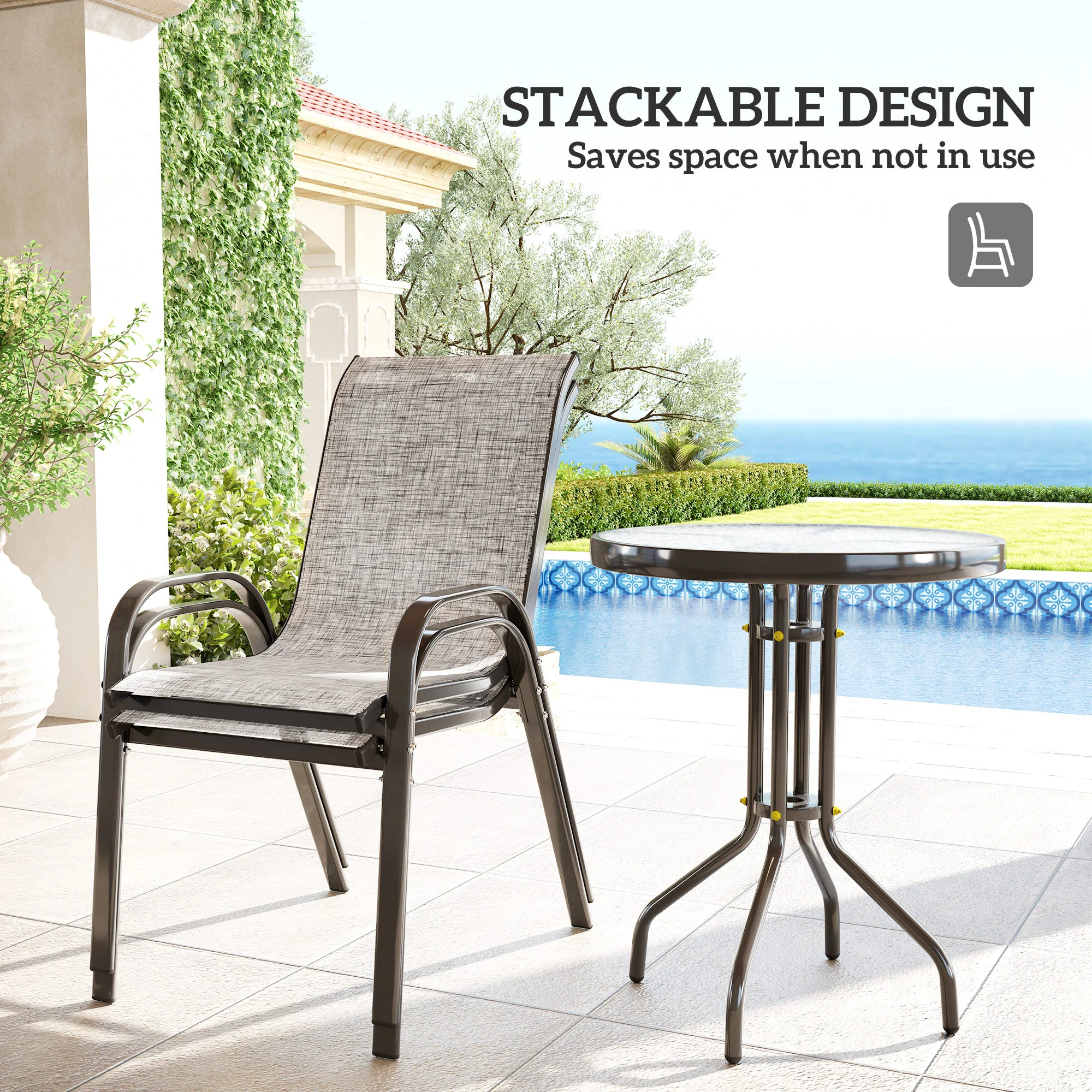 3-Piece Small Patio Set with Stackable Chairs and Glass Tabletop, Gray - Image 7