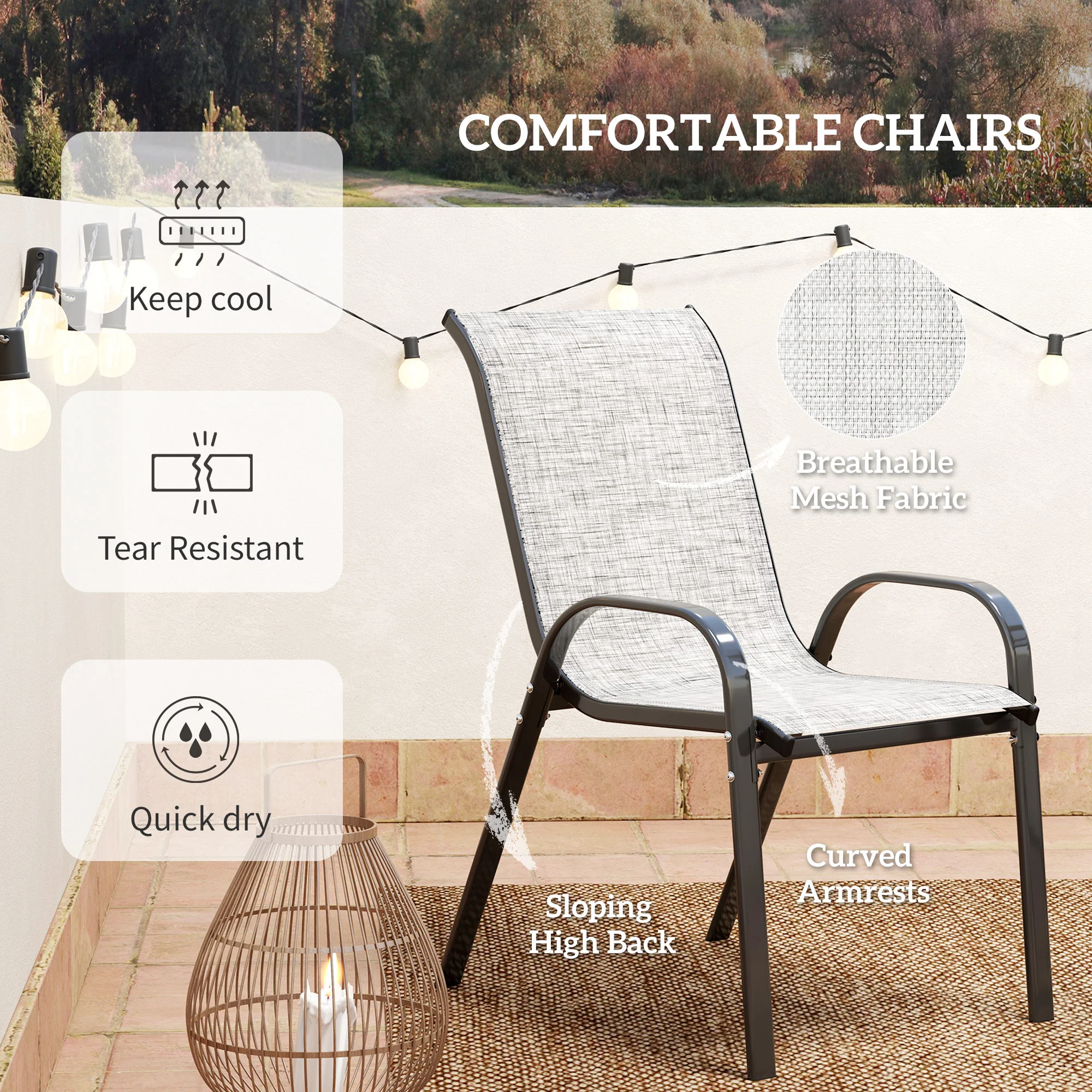 3-Piece Small Patio Set with Stackable Chairs and Glass Tabletop, Gray - Image 8