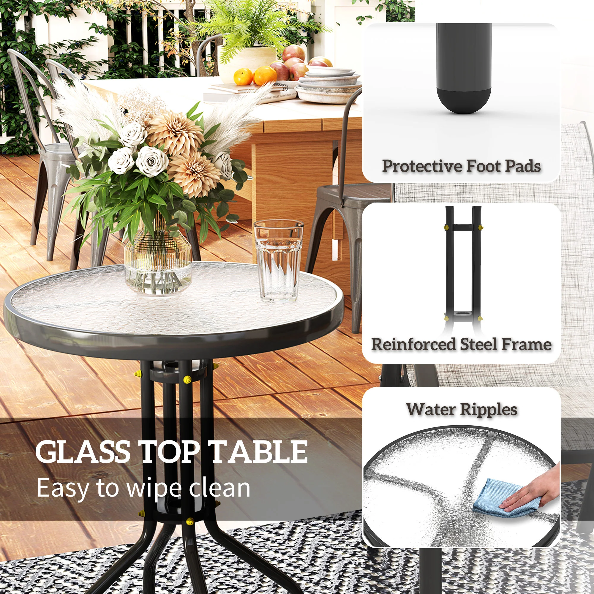 3-Piece Small Patio Set with Stackable Chairs and Glass Tabletop, Gray - Image 9
