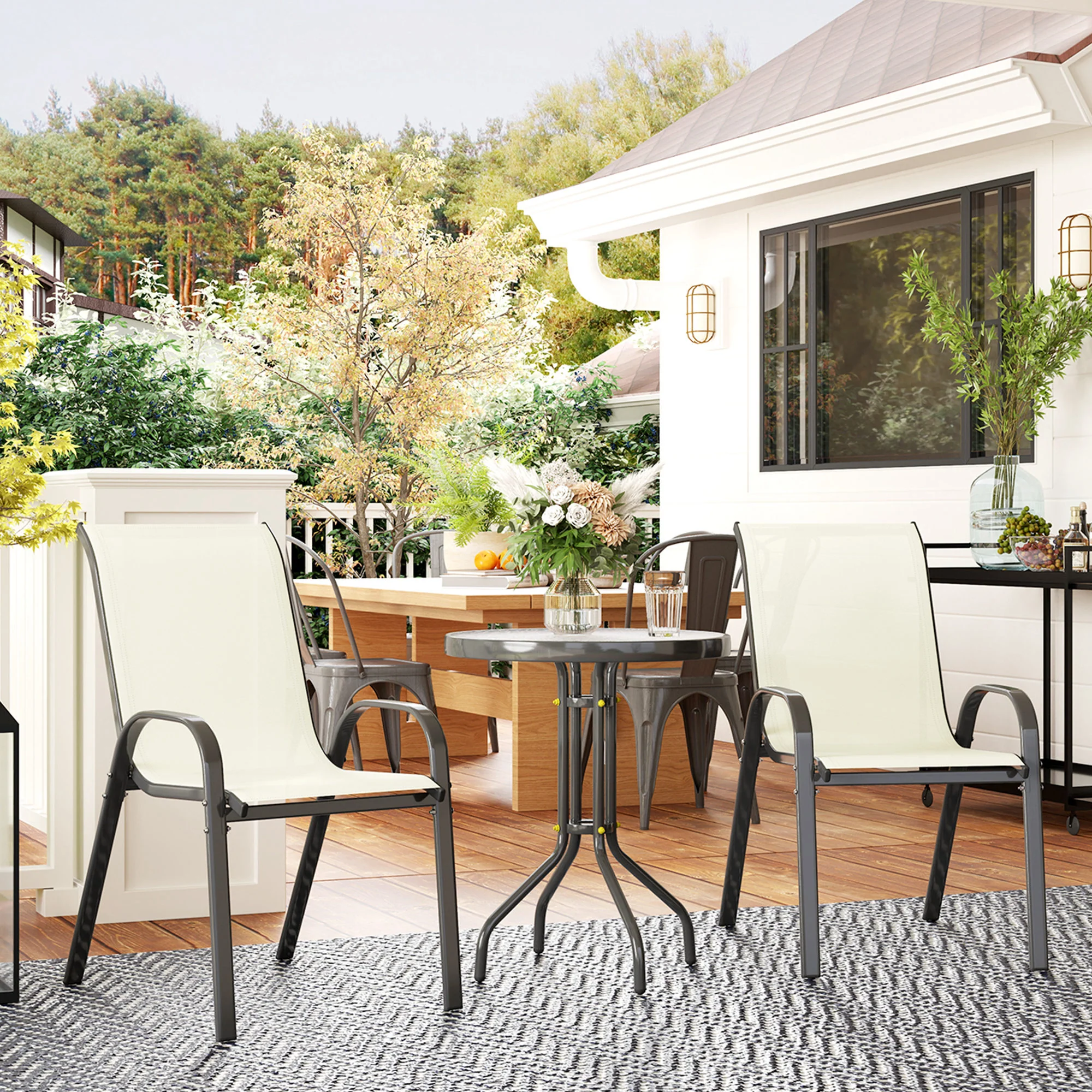 Compact 3-Piece Bistro Set with Stackable Chairs & Glass Table, Beige - Image 3