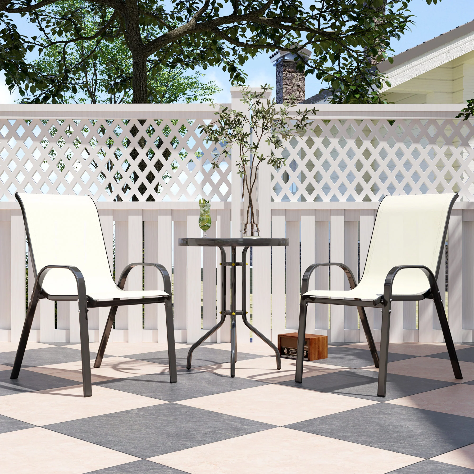 Compact 3-Piece Bistro Set with Stackable Chairs & Glass Table, Beige - Image 4