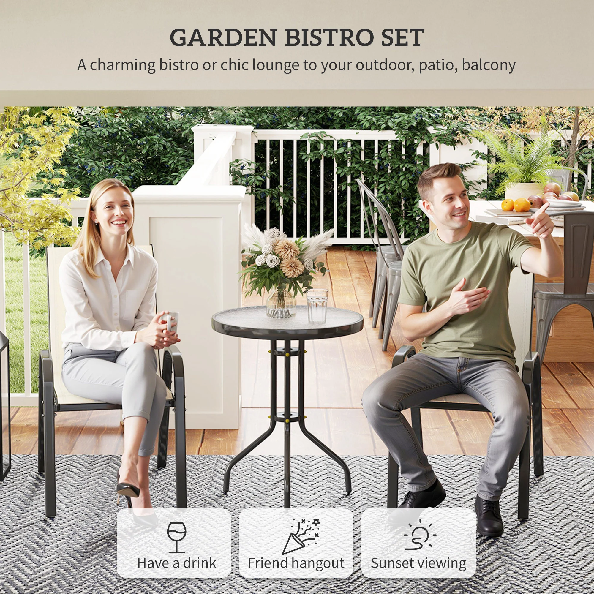 Compact 3-Piece Bistro Set with Stackable Chairs & Glass Table, Beige - Image 6