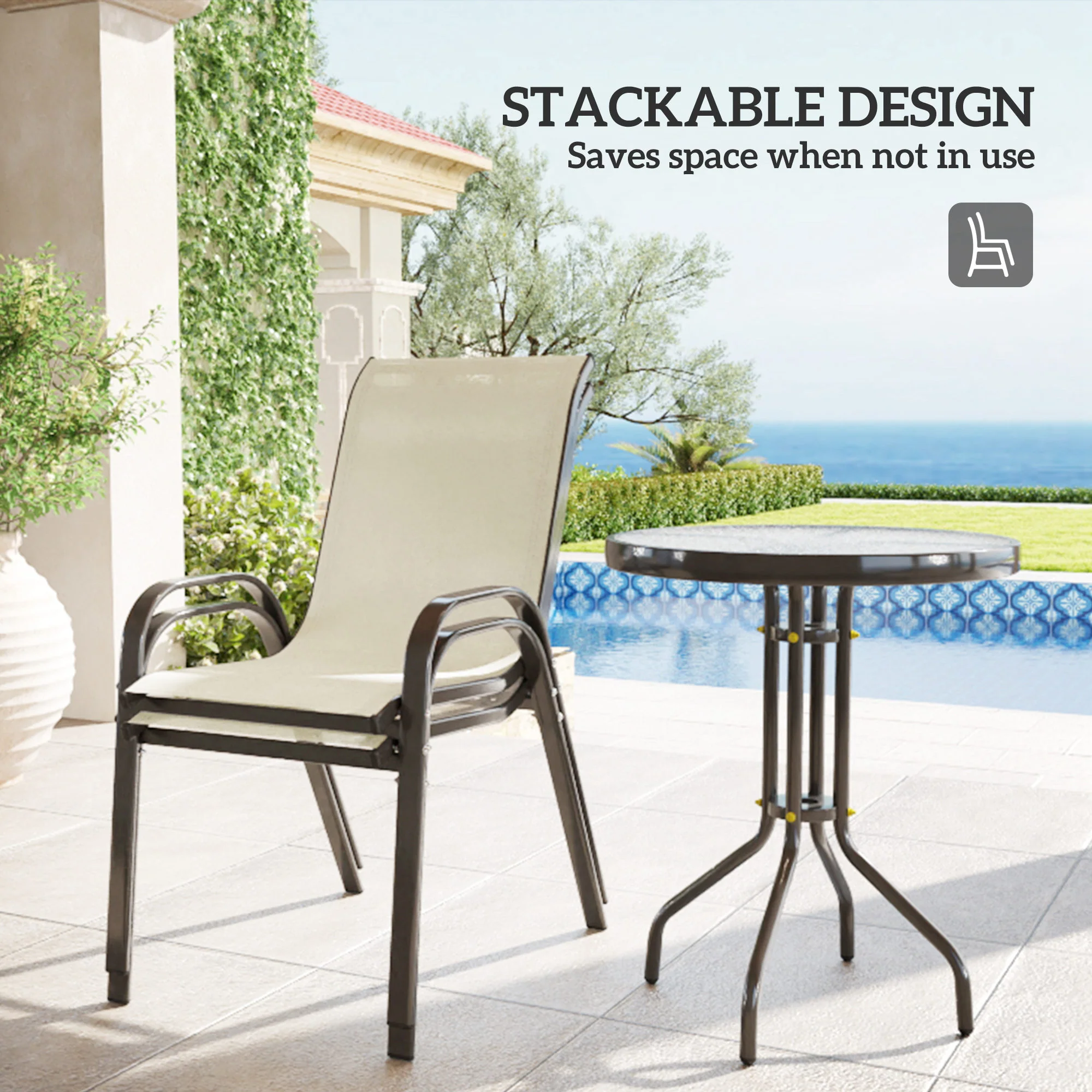 Compact 3-Piece Bistro Set with Stackable Chairs & Glass Table, Beige - Image 7