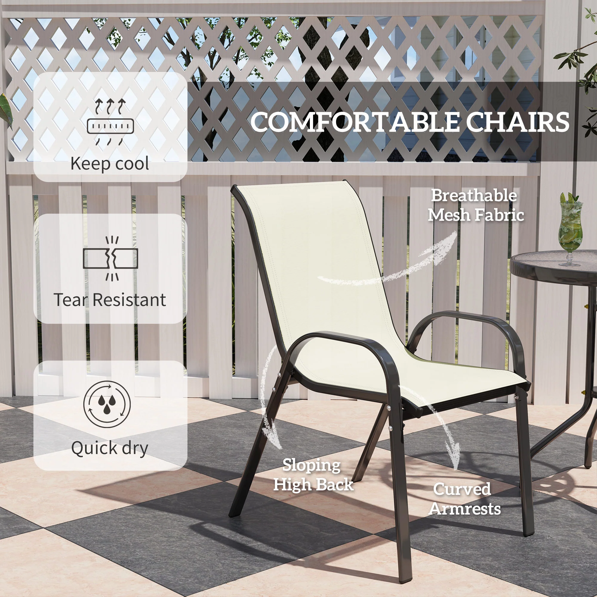 Compact 3-Piece Bistro Set with Stackable Chairs & Glass Table, Beige - Image 8