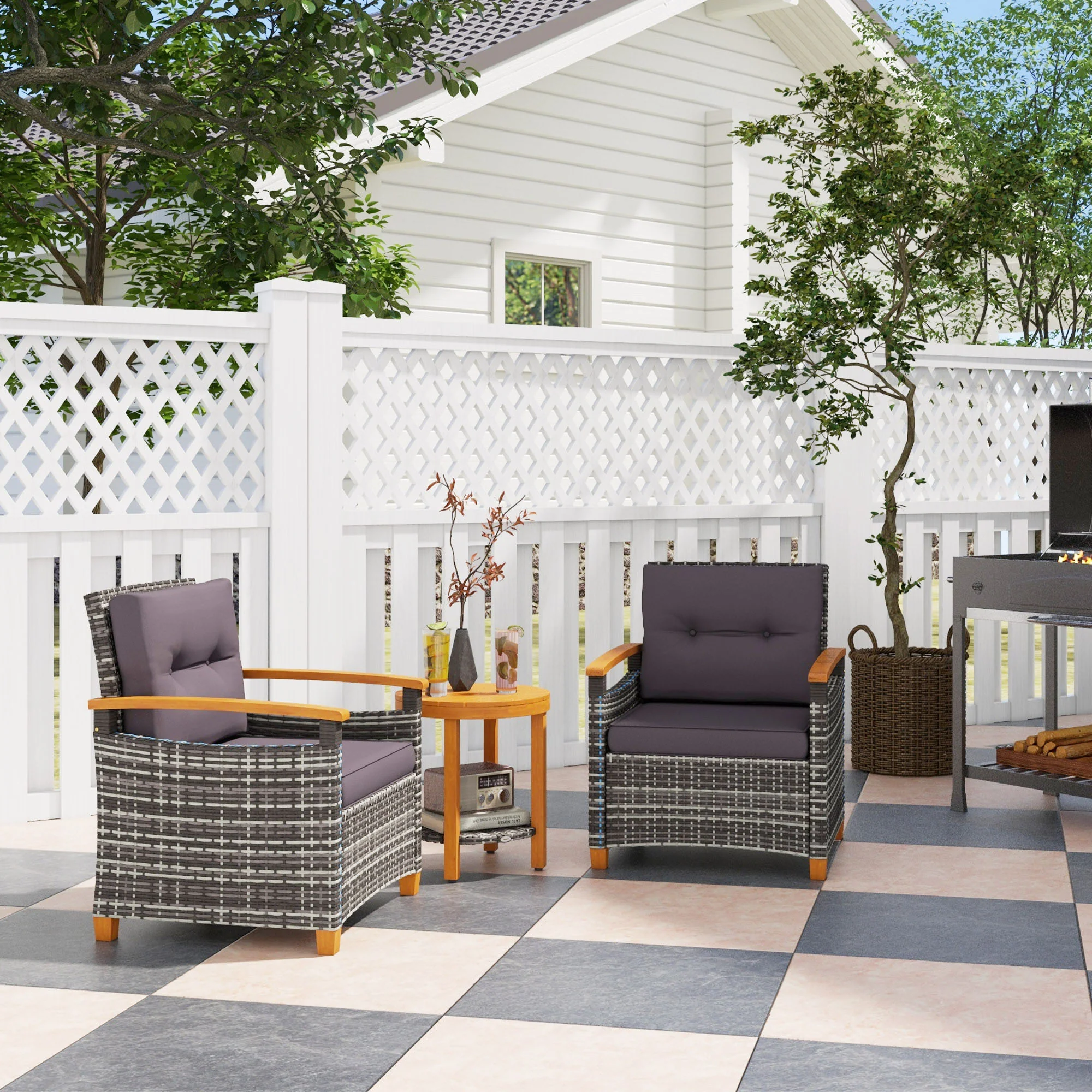 3 Pieces Outdoor Bistro Set with Acacia Wood Coffee Table and 2 Rattan Chairs, Gray - Image 3