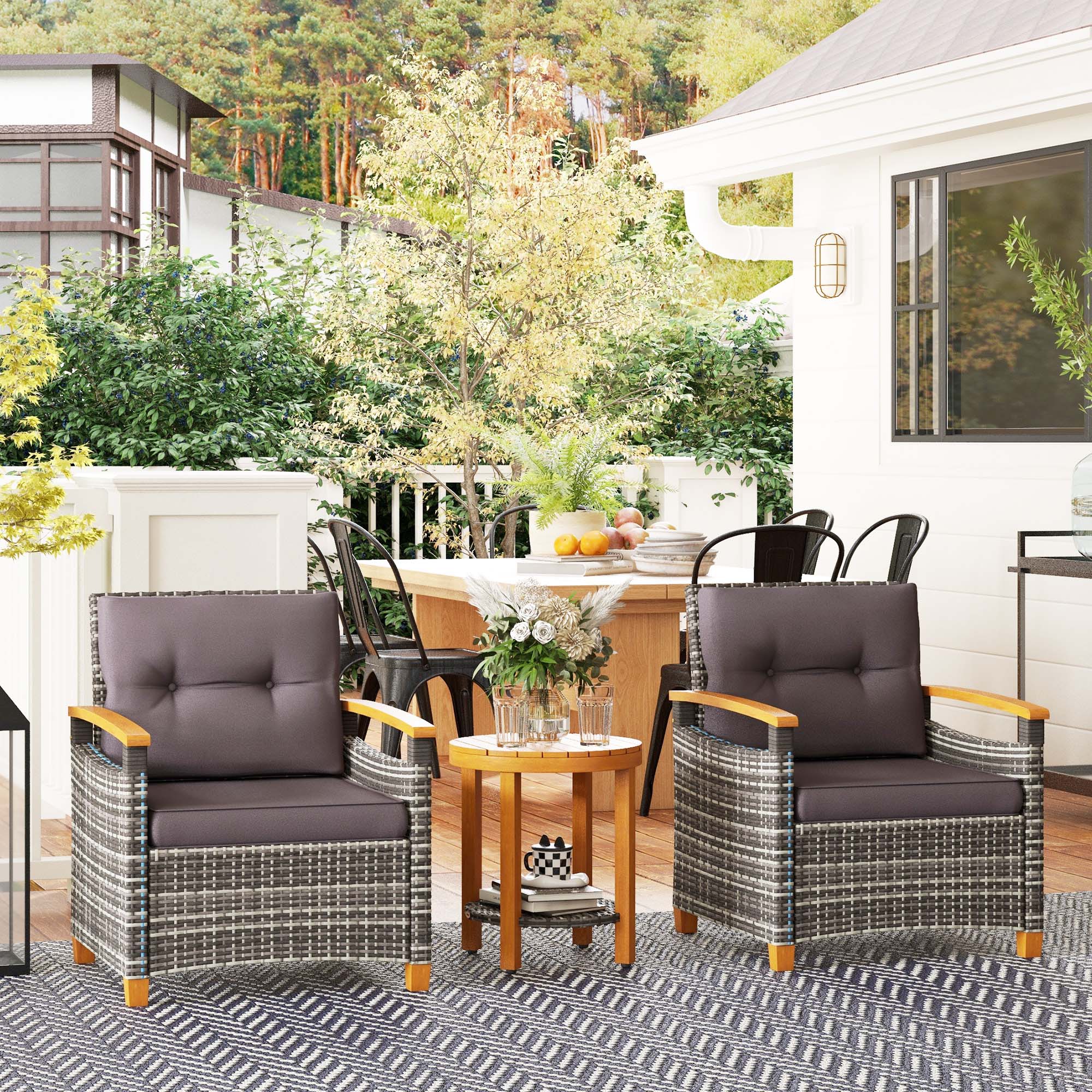 3 Pieces Outdoor Bistro Set with Acacia Wood Coffee Table and 2 Rattan Chairs, Gray - Image 4