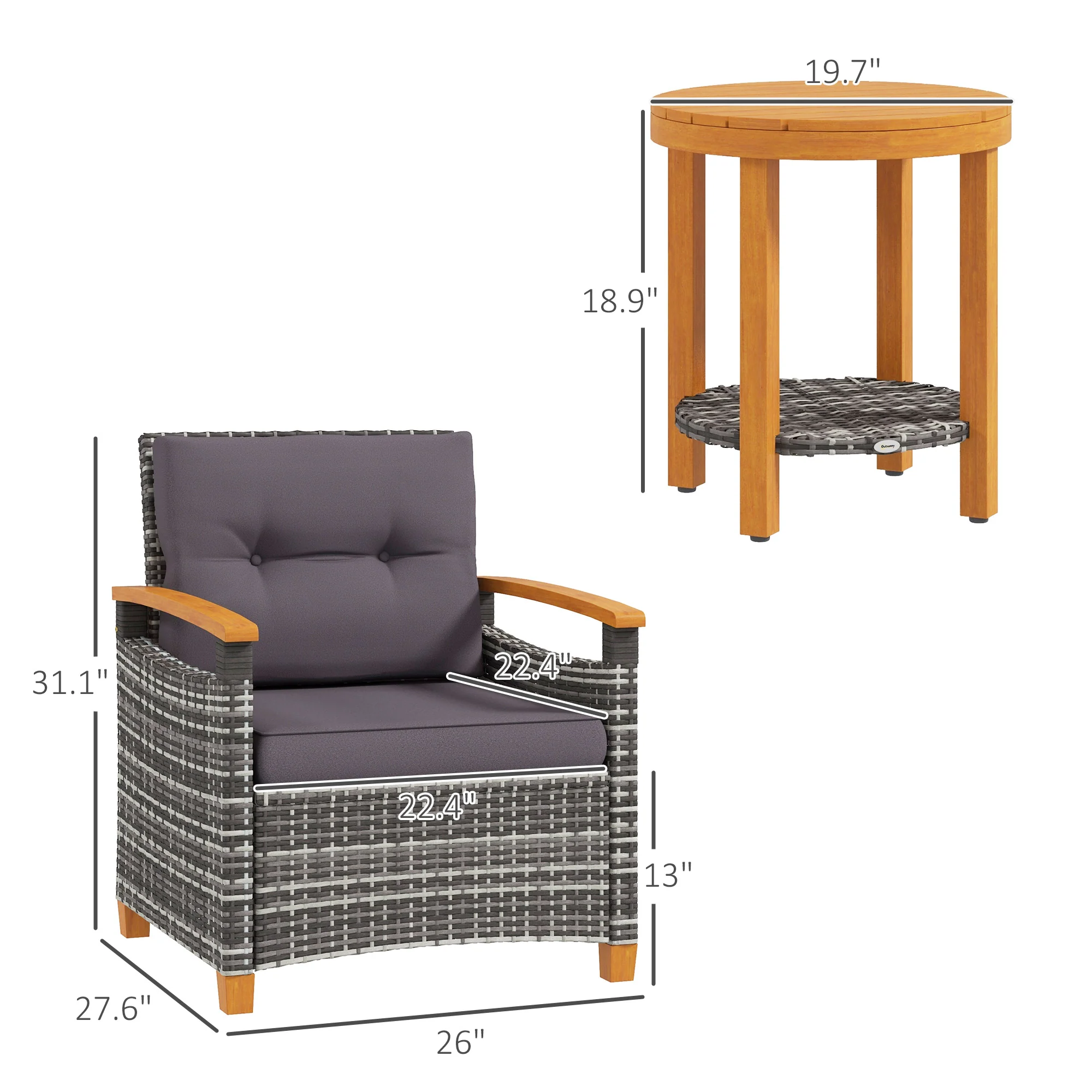 3 Pieces Outdoor Bistro Set with Acacia Wood Coffee Table and 2 Rattan Chairs, Gray - Image 5