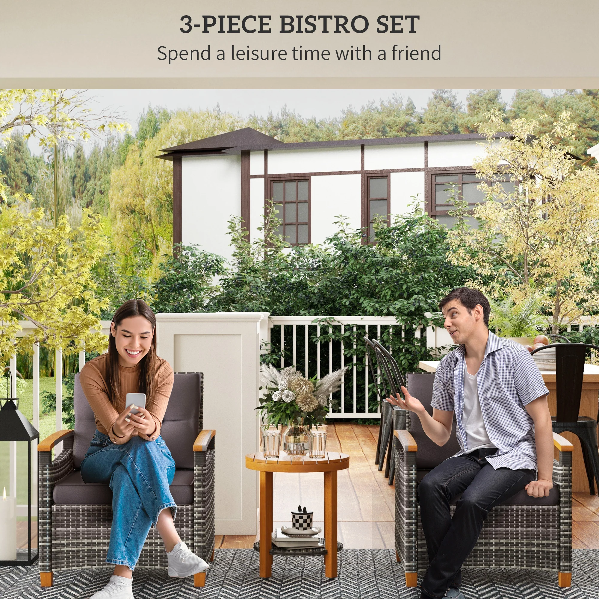 3 Pieces Outdoor Bistro Set with Acacia Wood Coffee Table and 2 Rattan Chairs, Gray - Image 6