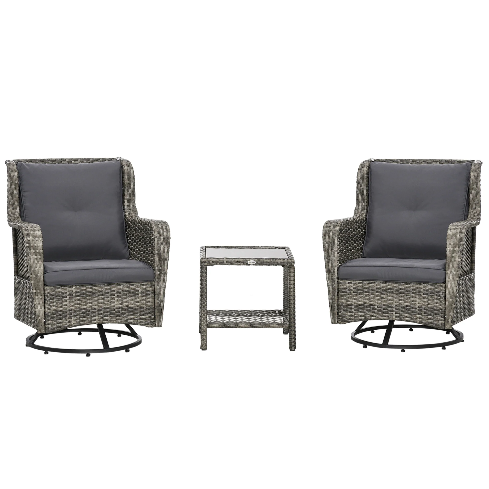3 Pieces Patio Bistro Set with Glass Coffee Table and Swivel Porch Chairs, Gray - Image 12