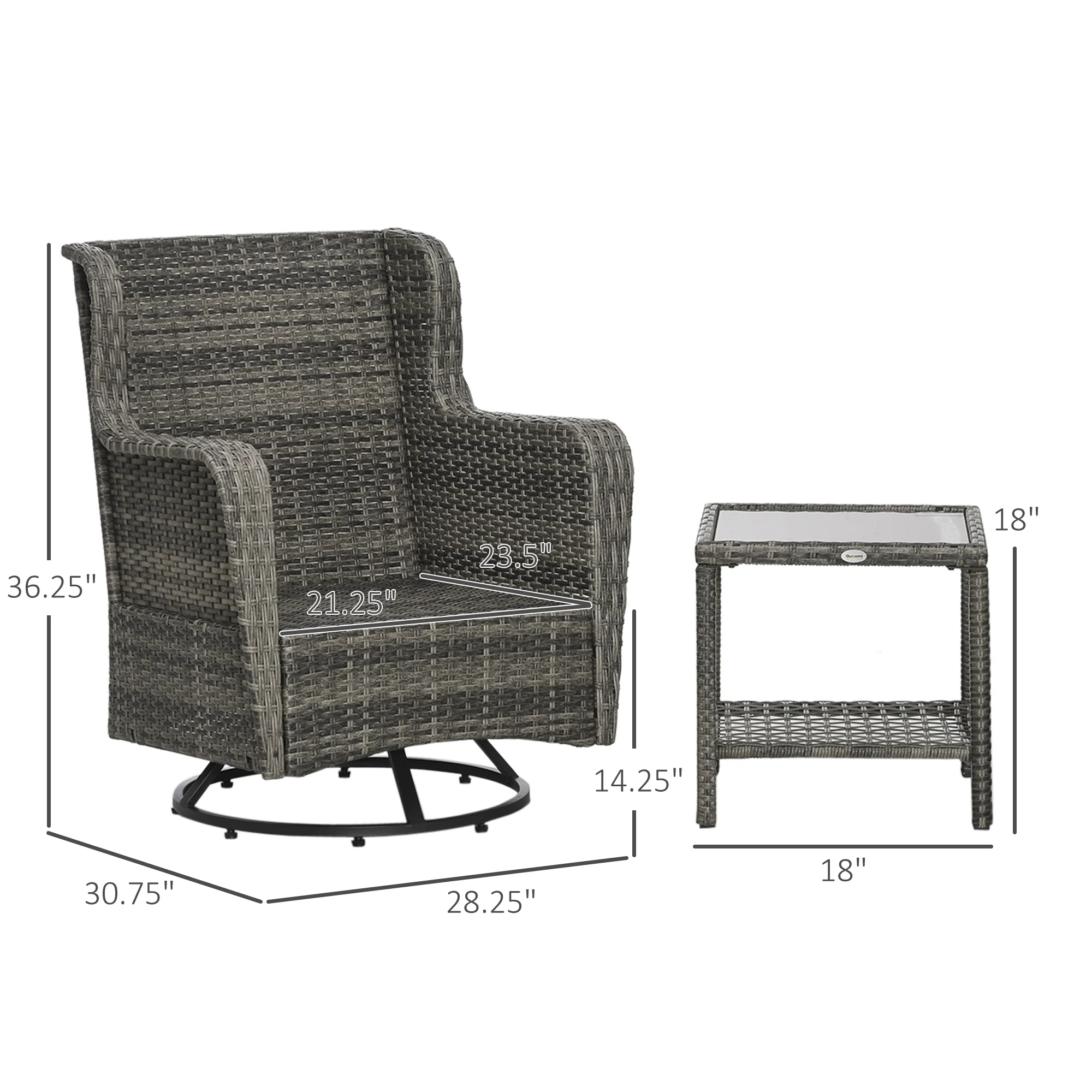 3 Pieces Patio Bistro Set with Glass Coffee Table and Swivel Porch Chairs, Gray - Image 5