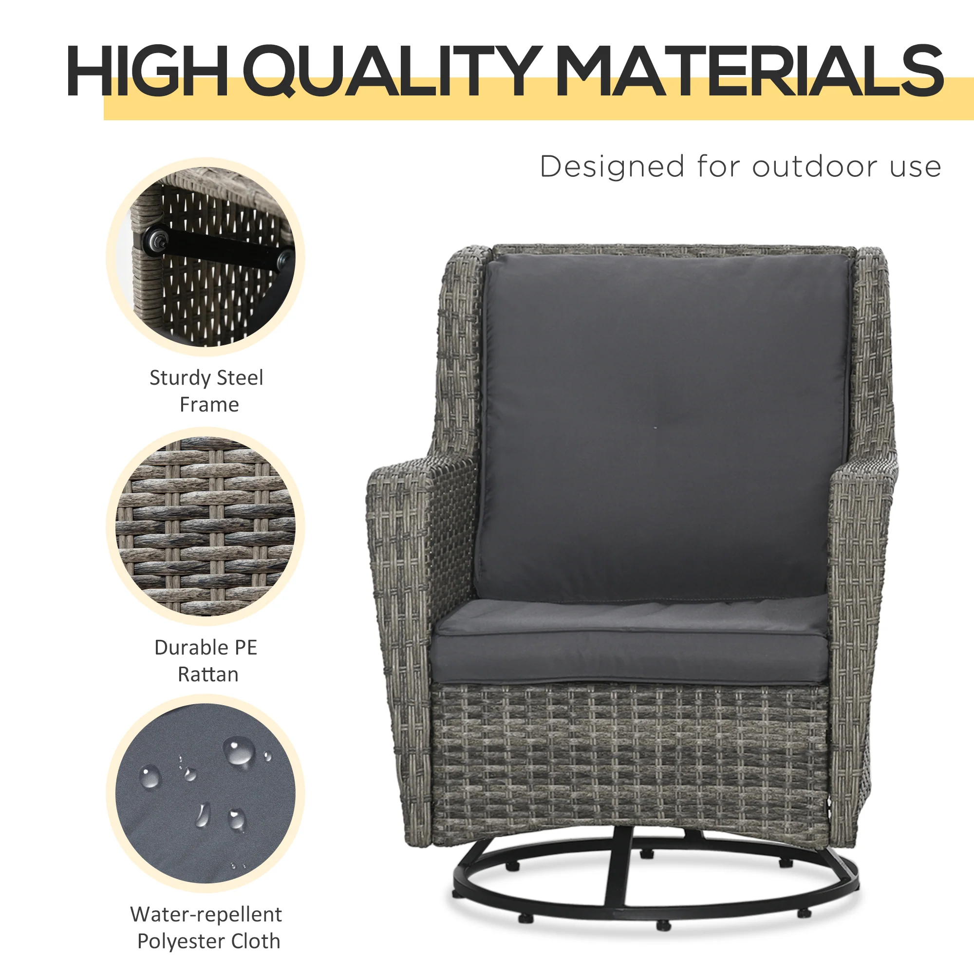 3 Pieces Patio Bistro Set with Glass Coffee Table and Swivel Porch Chairs, Gray - Image 7