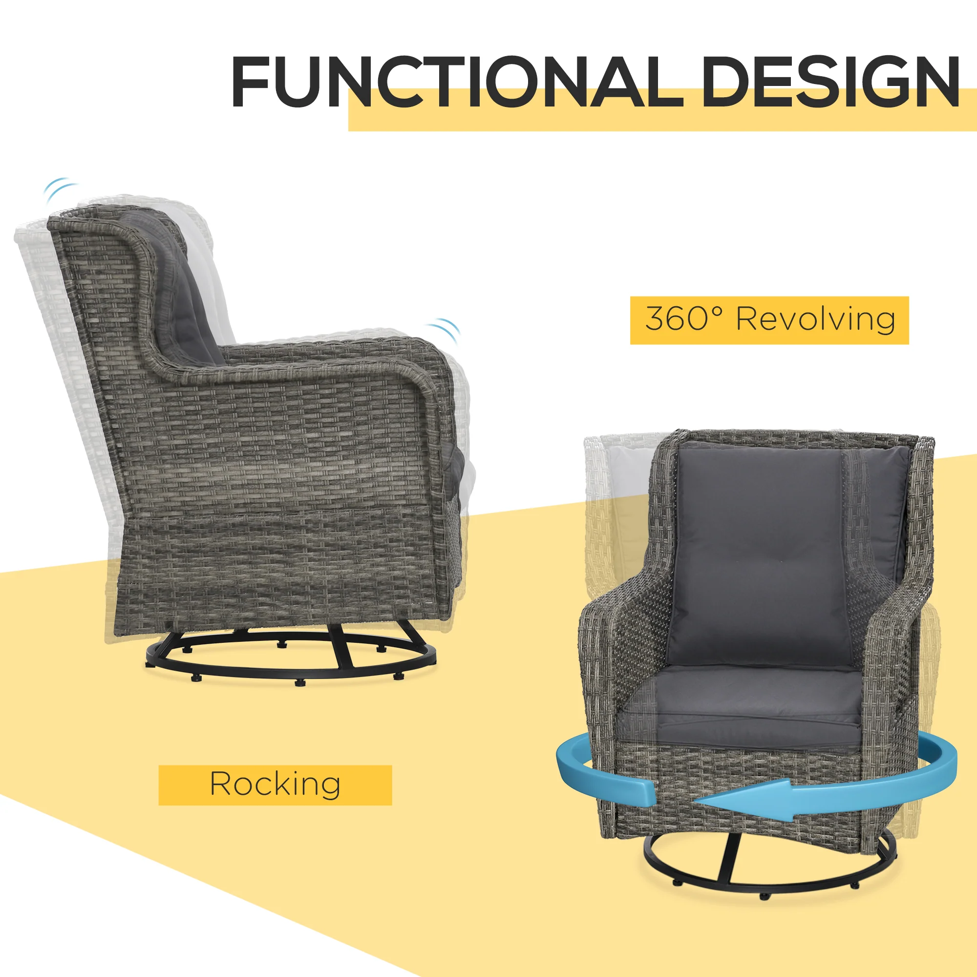 3 Pieces Patio Bistro Set with Glass Coffee Table and Swivel Porch Chairs, Gray - Image 8