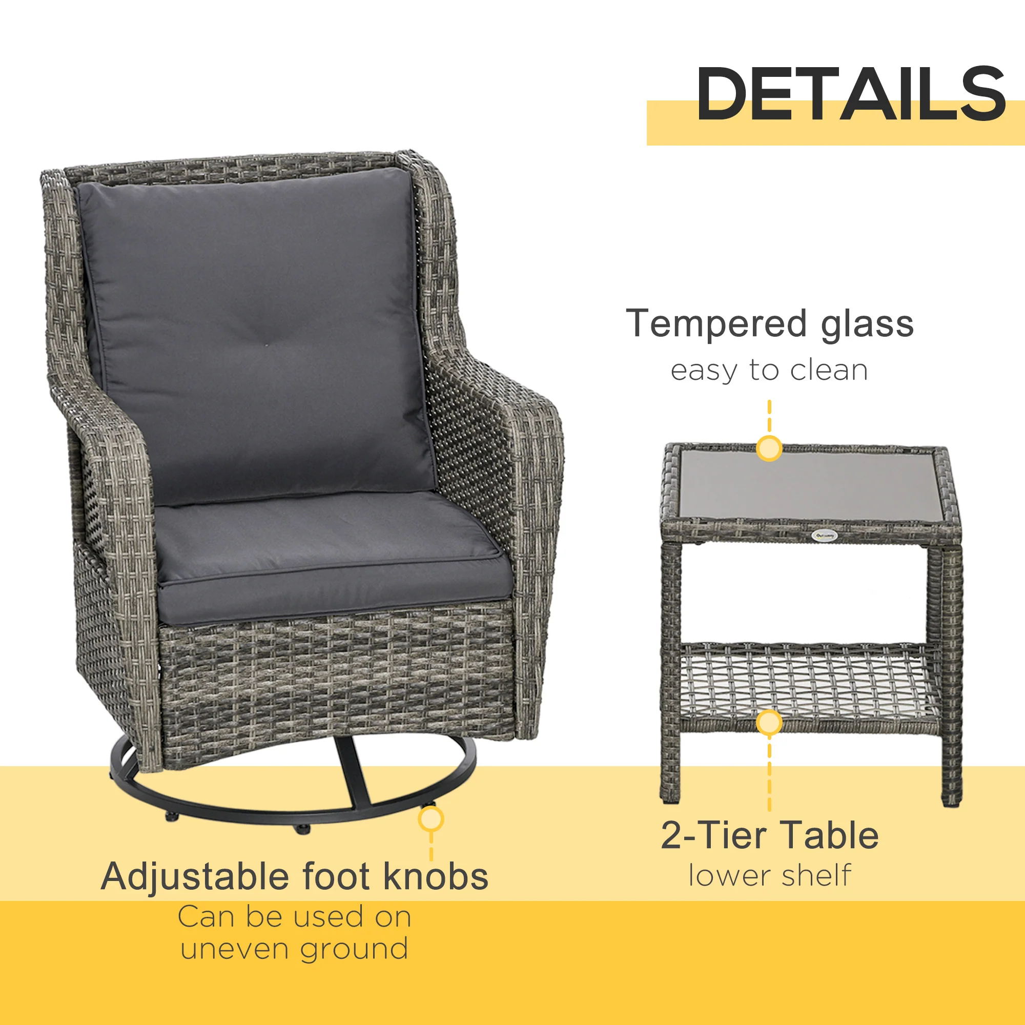 3 Pieces Patio Bistro Set with Glass Coffee Table and Swivel Porch Chairs, Gray - Image 9