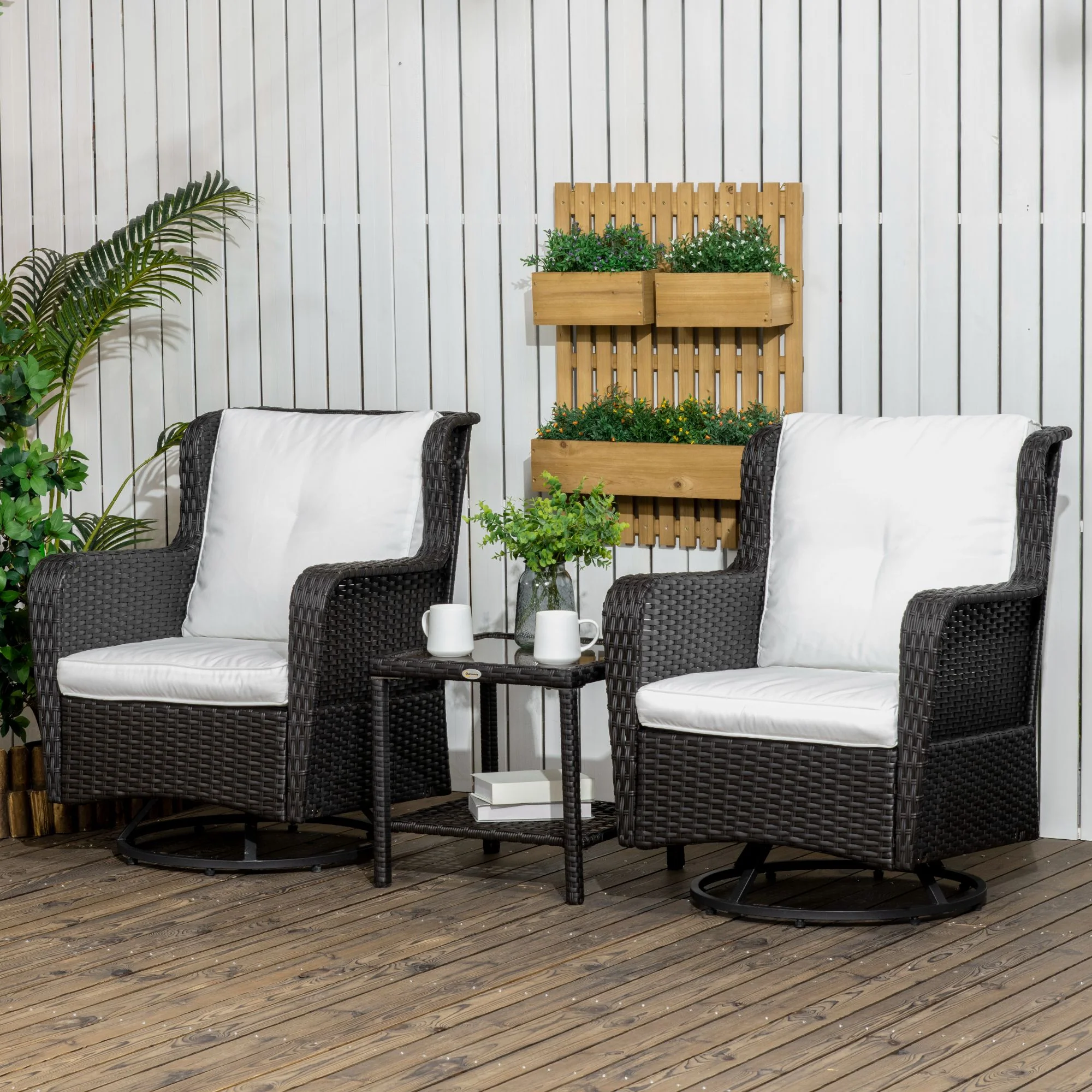 3 Pieces Patio Bistro Set with Glass Coffee Table and Swivel Porch Chairs, Cream White - Image 4