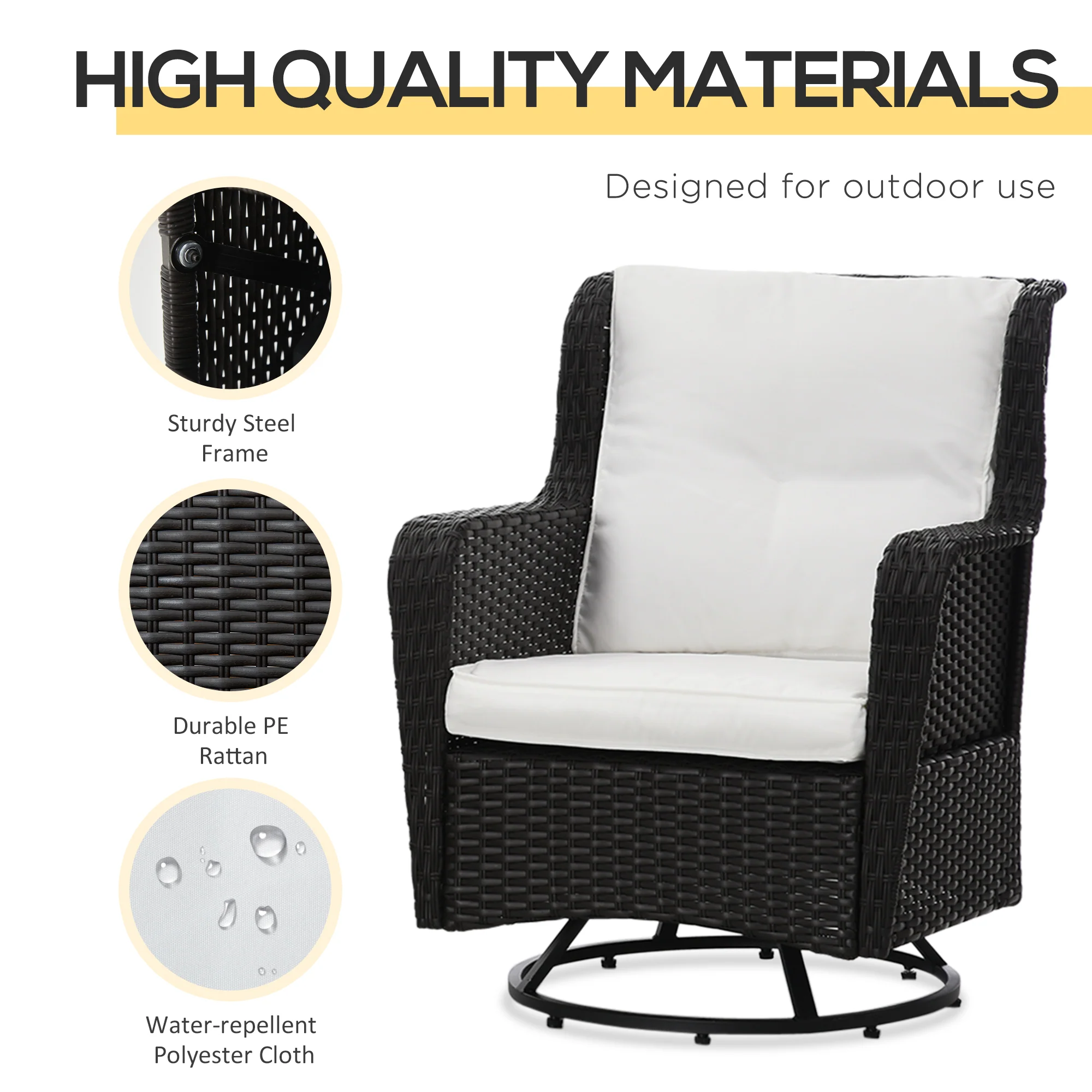 3 Pieces Patio Bistro Set with Glass Coffee Table and Swivel Porch Chairs, Cream White - Image 7
