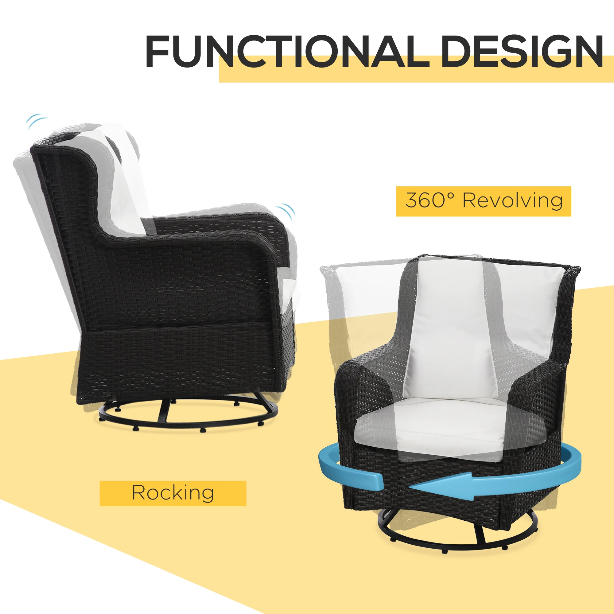 3 Pieces Patio Bistro Set with Glass Coffee Table and Swivel Porch Chairs, Cream White - Image 8