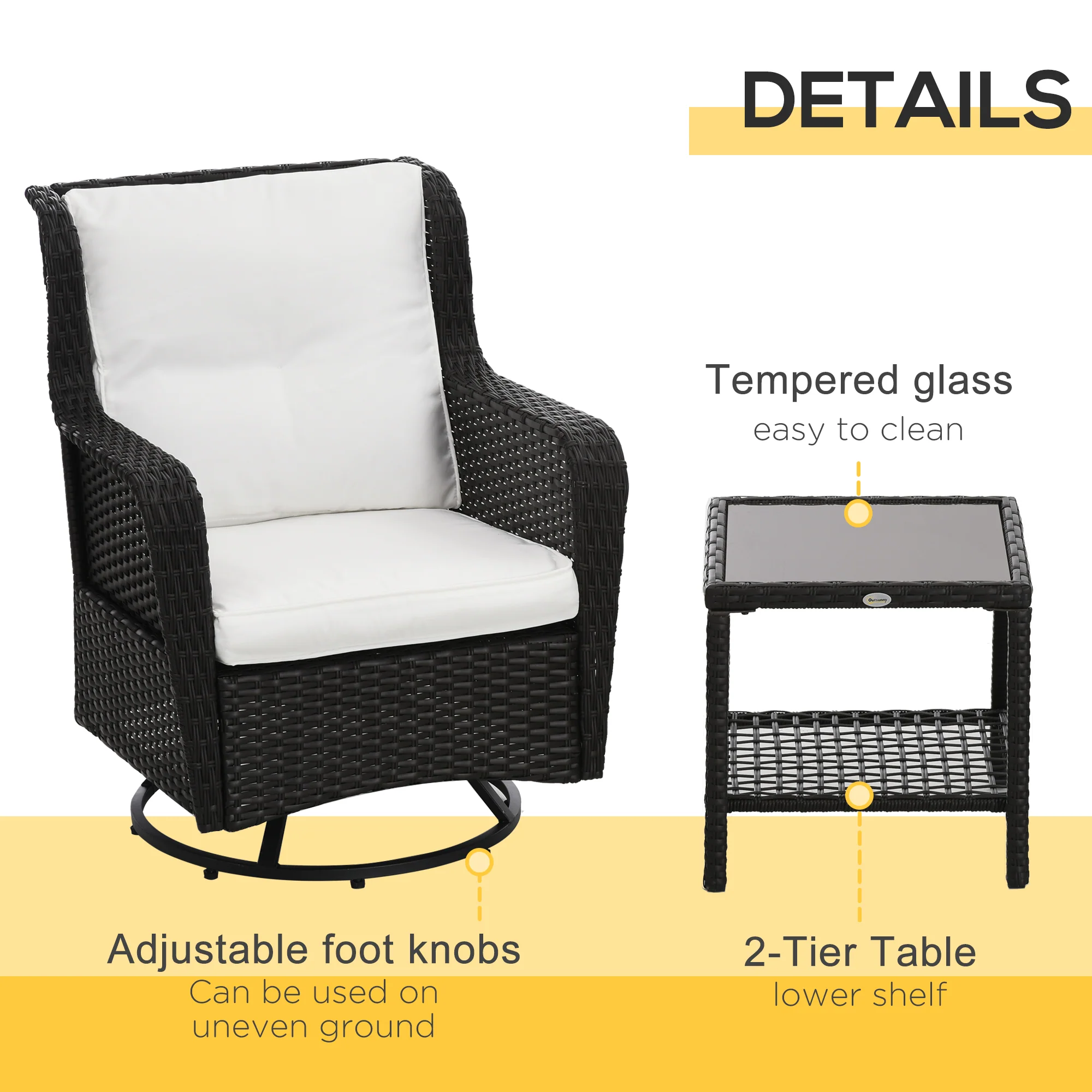 3 Pieces Patio Bistro Set with Glass Coffee Table and Swivel Porch Chairs, Cream White - Image 9