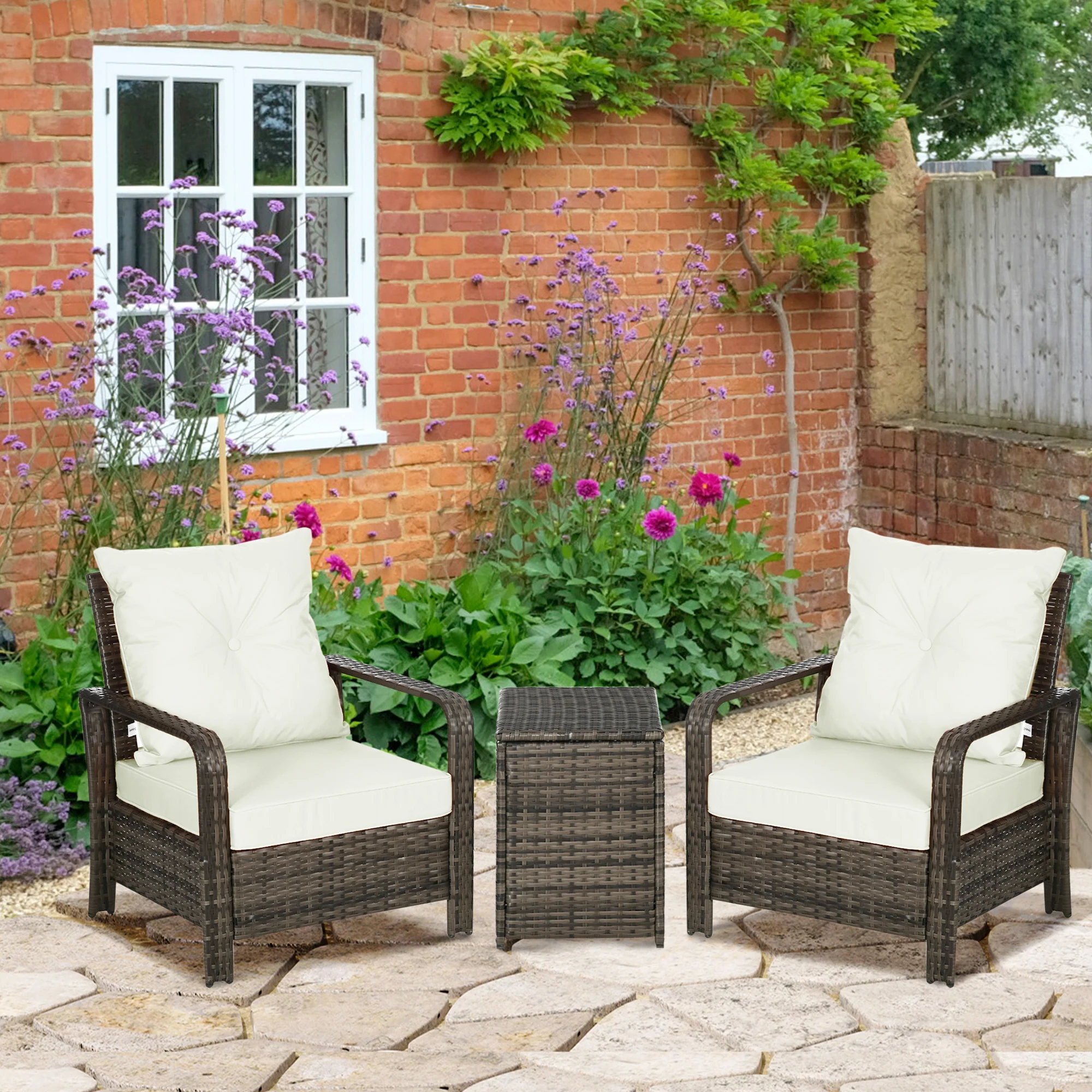 3-Piece PE Wicker Patio Set with Storage Table & Chairs in Beige - Image 3