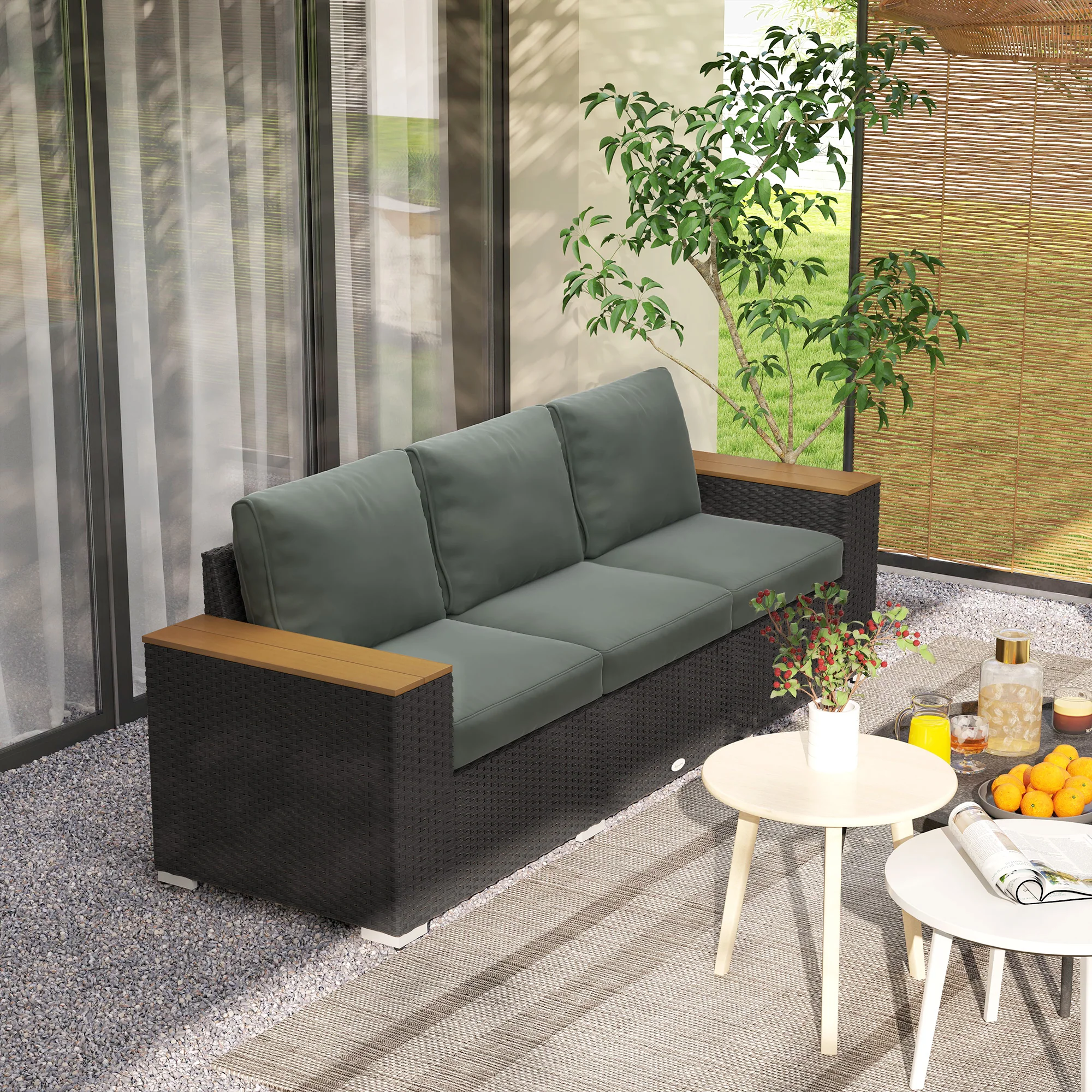 3-Seat Rattan Patio Couch with Cushions and Wood Grain Wide Armrests, Dark Gray - Image 10