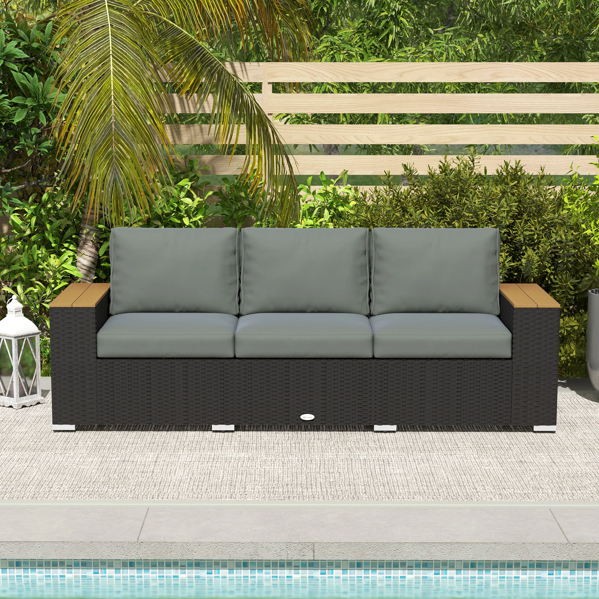 3-Seat Rattan Patio Couch with Cushions and Wood Grain Wide Armrests, Dark Gray - Image 11