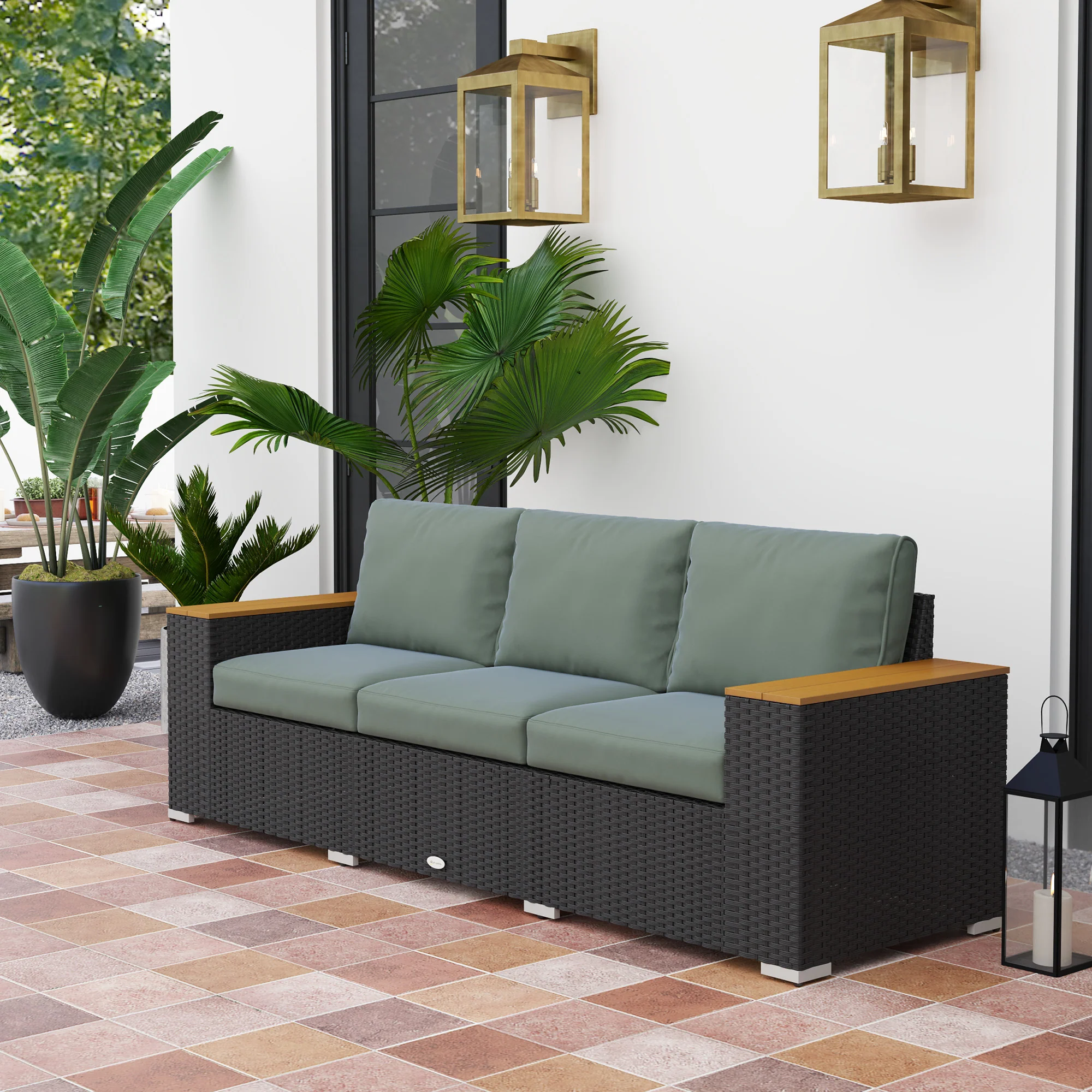 3-Seat Rattan Patio Couch with Cushions and Wood Grain Wide Armrests, Dark Gray - Image 3