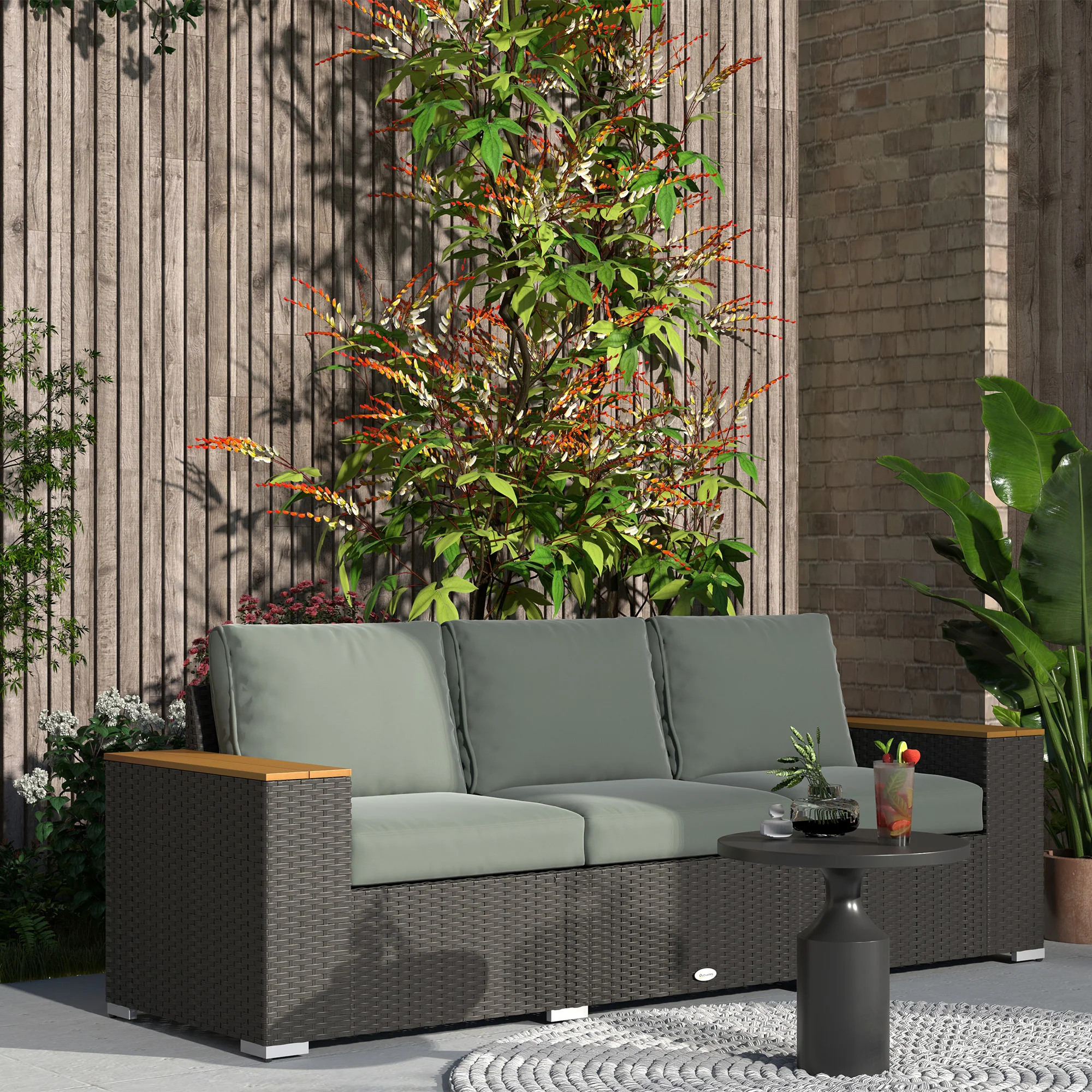 3-Seat Rattan Patio Couch with Cushions and Wood Grain Wide Armrests, Dark Gray - Image 4
