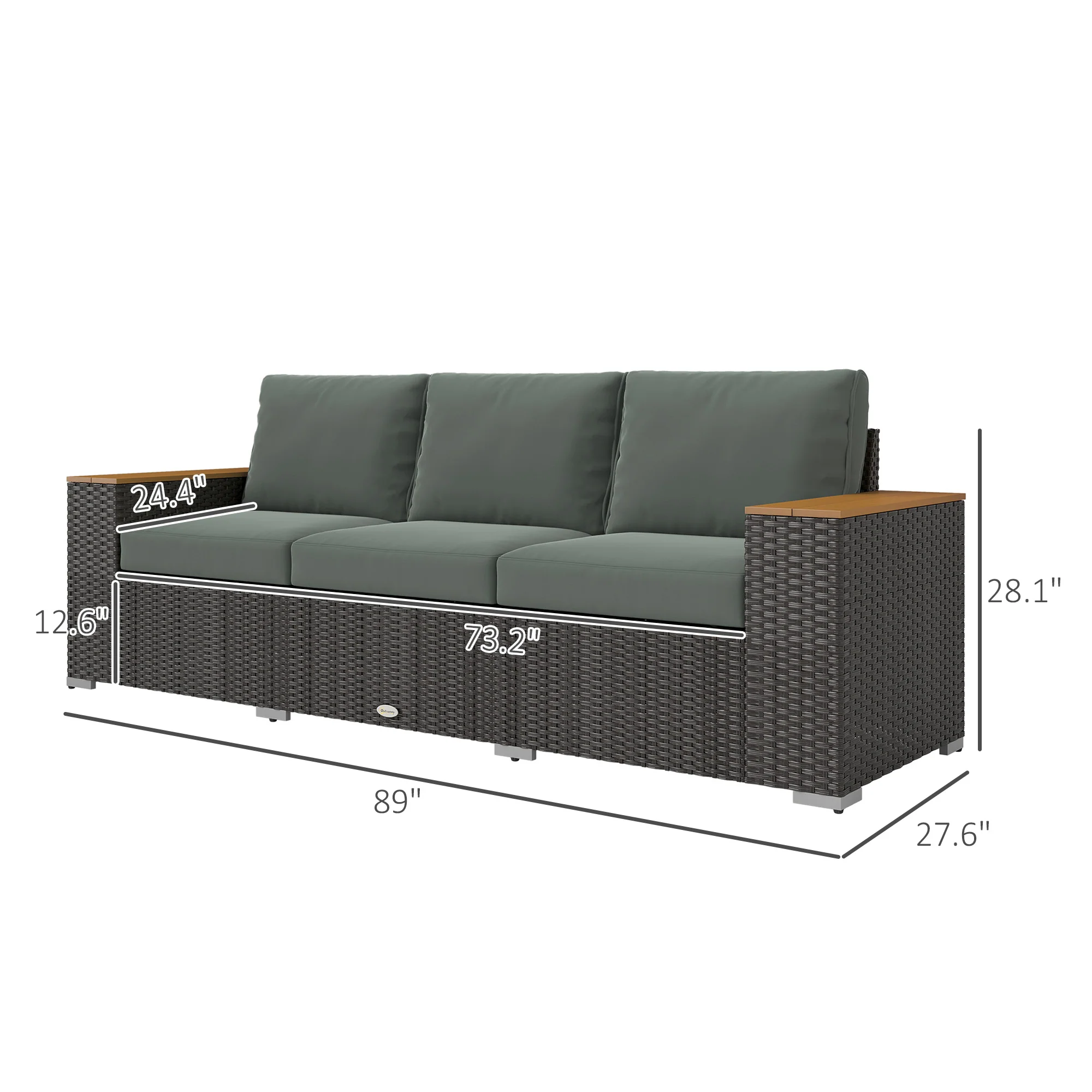 3-Seat Rattan Patio Couch with Cushions and Wood Grain Wide Armrests, Dark Gray - Image 5