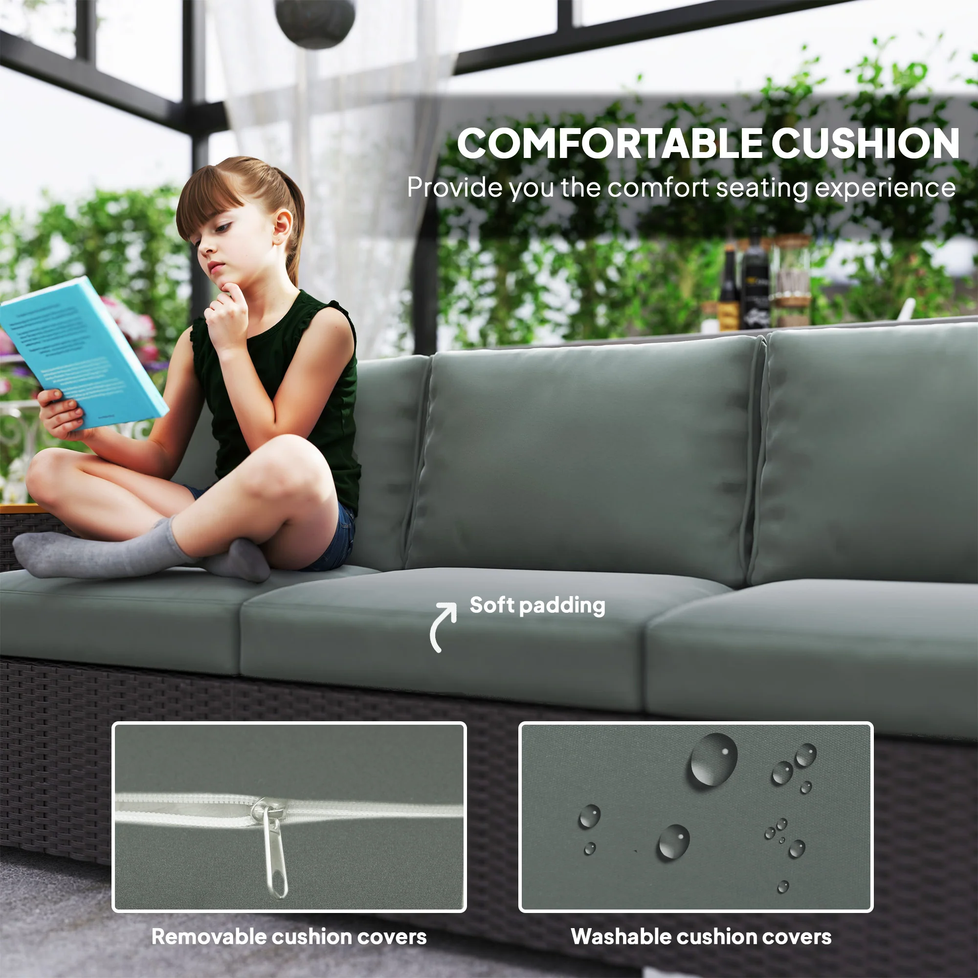 3-Seat Rattan Patio Couch with Cushions and Wood Grain Wide Armrests, Dark Gray - Image 6