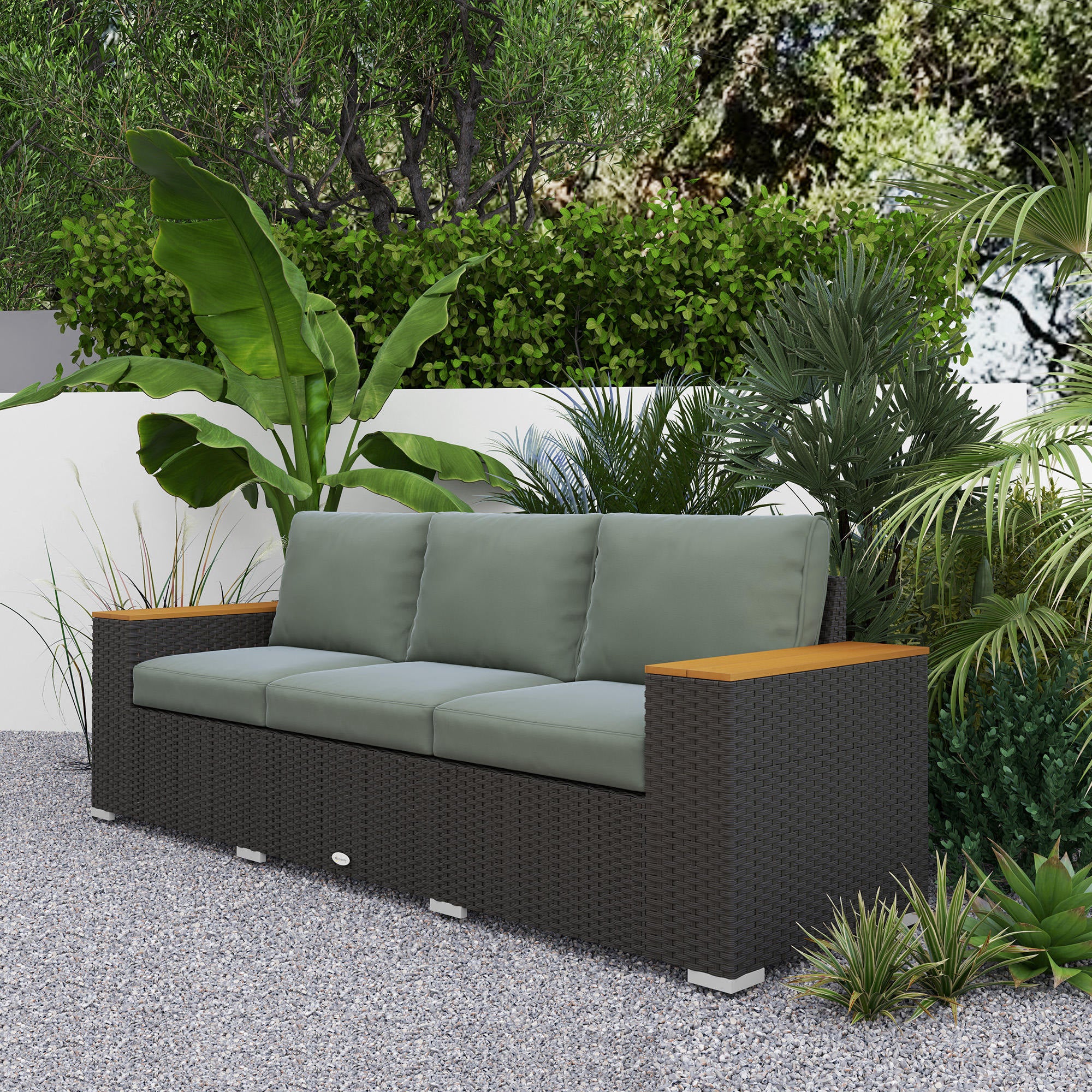 3-Seat Rattan Patio Couch with Cushions and Wood Grain Wide Armrests, Dark Gray - Image 9