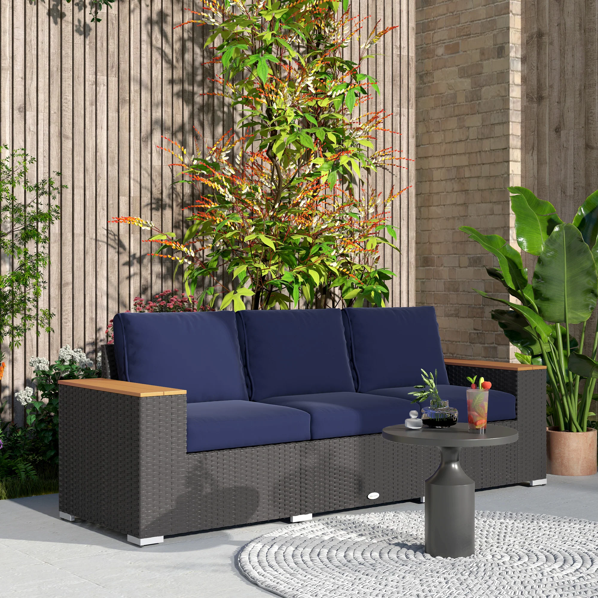 3-Seat Rattan Patio Couch with Cushions and Wood Grain Wide Armrests, Navy Blue - Image 4