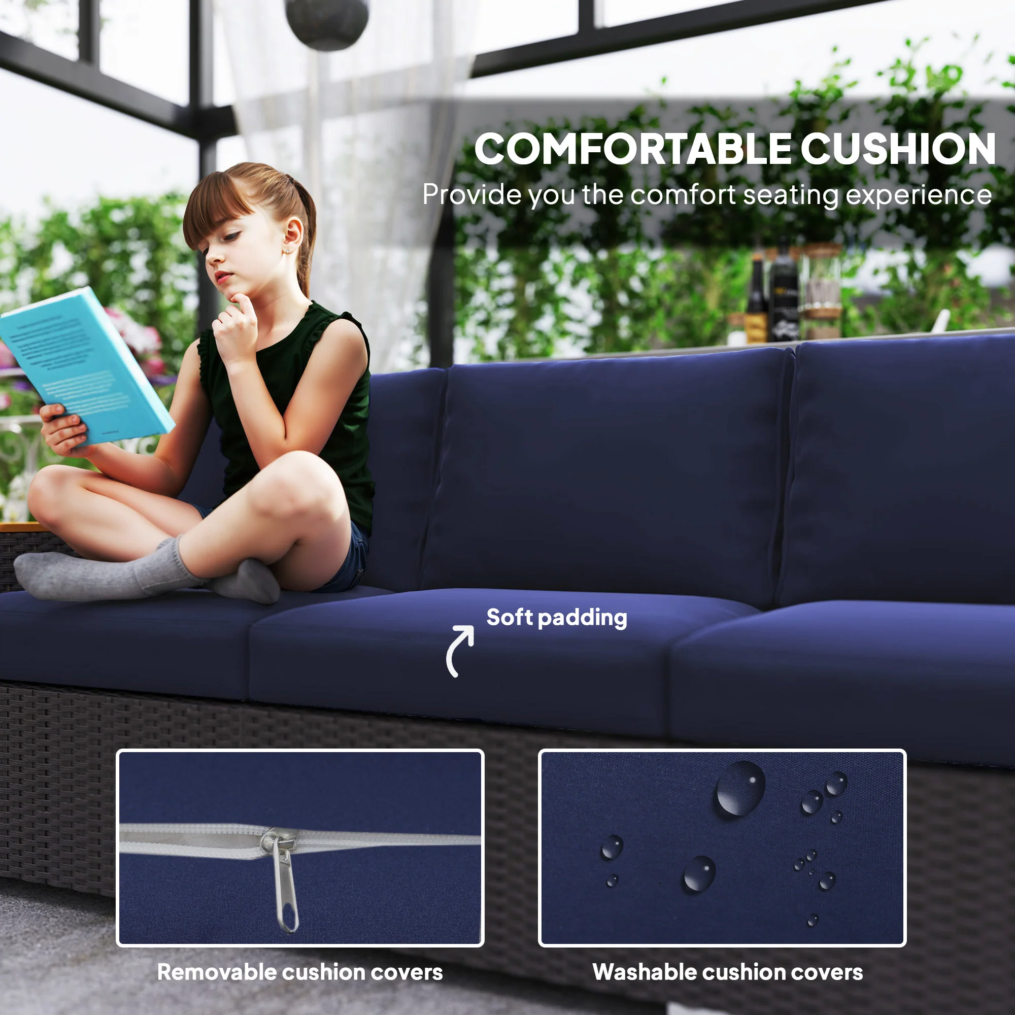 3-Seat Rattan Patio Couch with Cushions and Wood Grain Wide Armrests, Navy Blue - Image 6