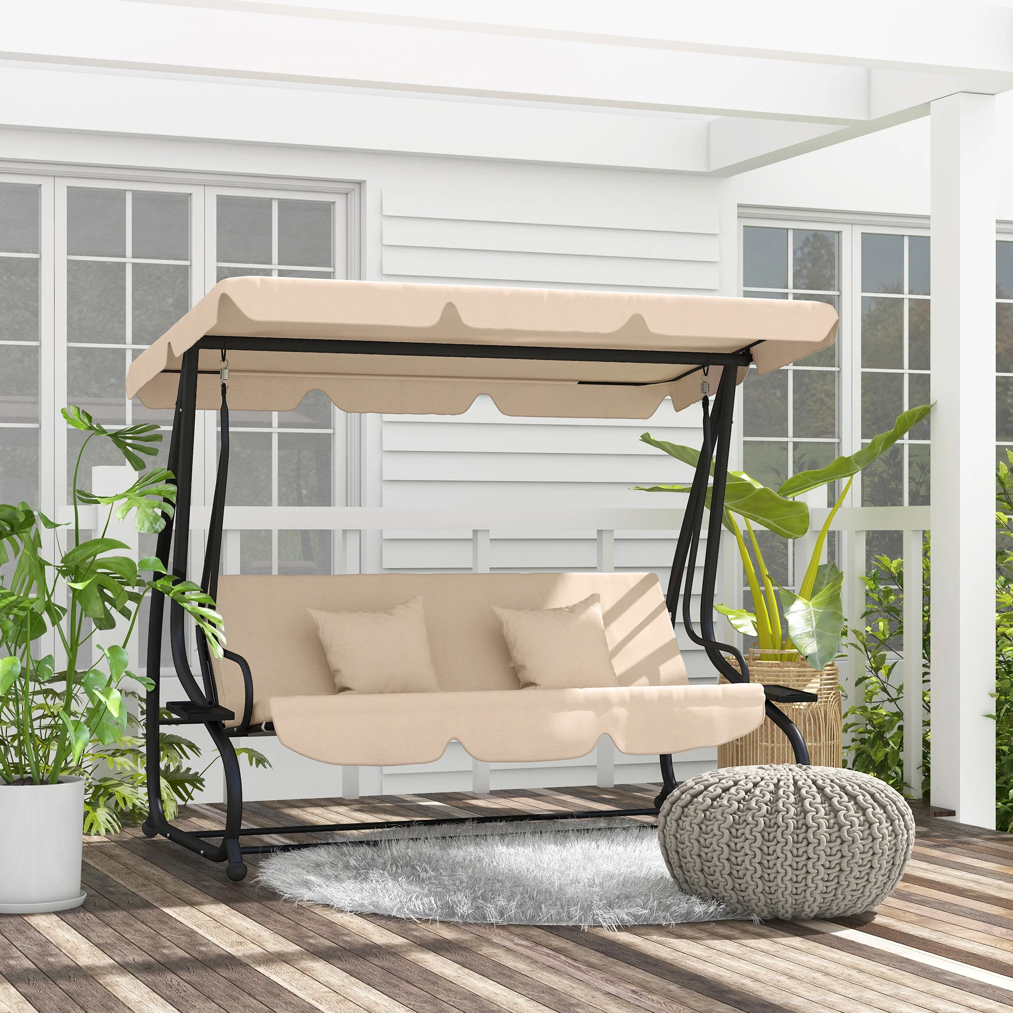 Free Standing Swing Bench with Adjustable Canopy, Cushions, and Pillows, Ecru - Image 3