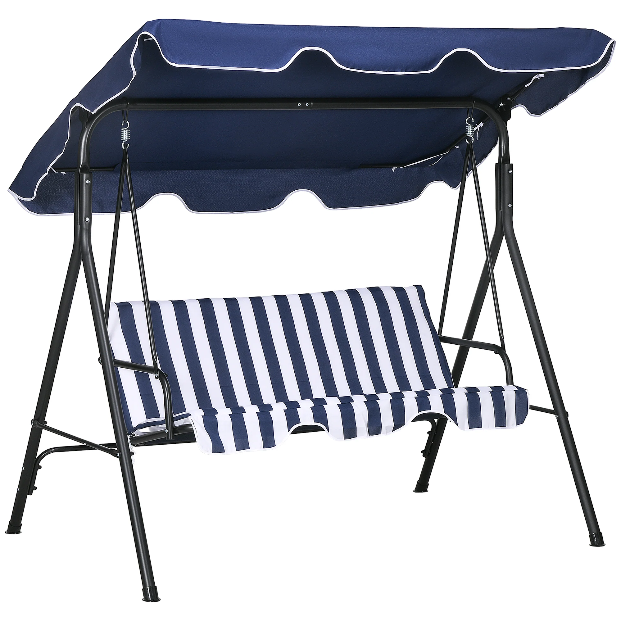 3-Seat Steel Frame Patio Swing Chair with Adjustable Canopy & Cushion, Dark Blue