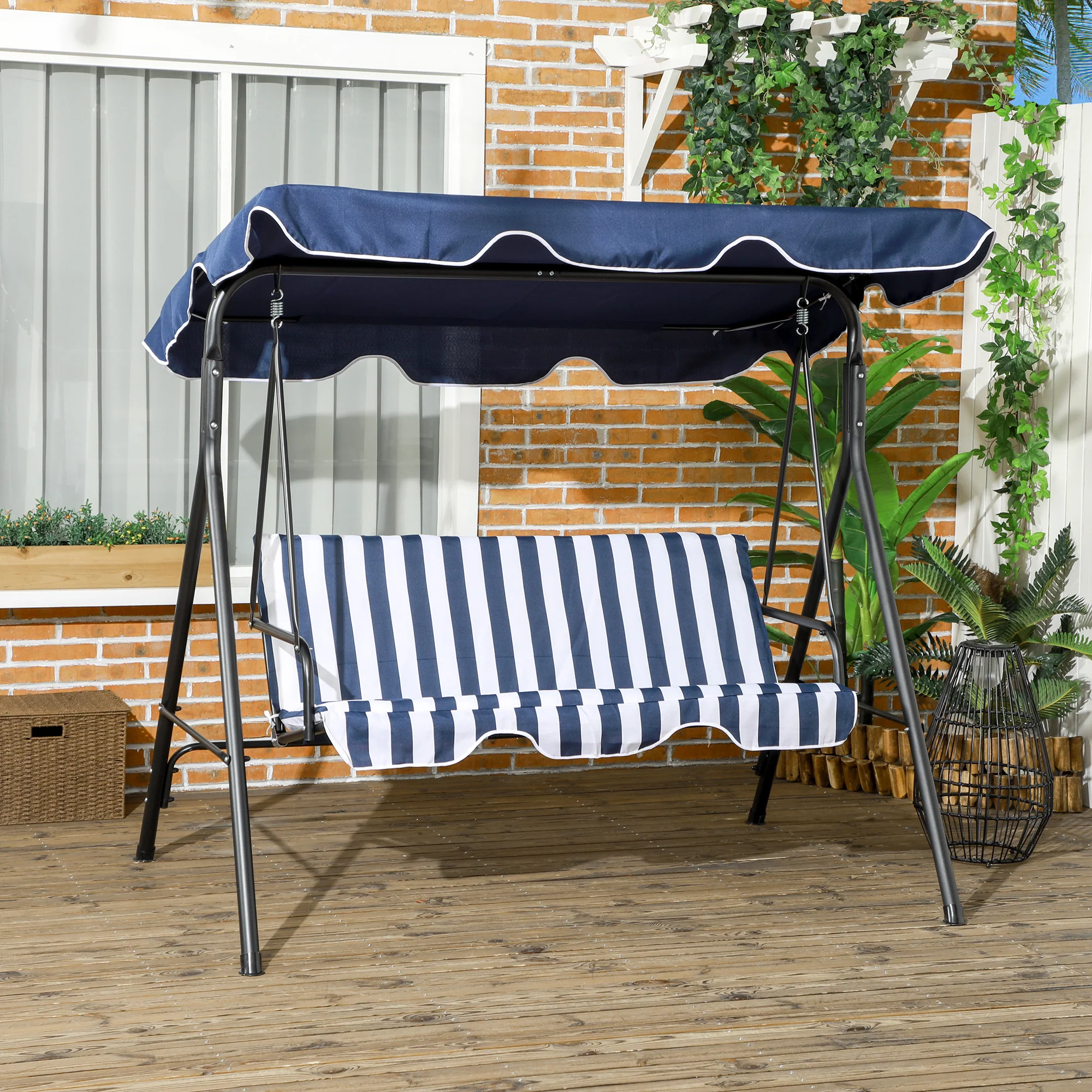 3-Seat Steel Frame Patio Swing Chair with Adjustable Canopy & Cushion, Dark Blue - Image 3