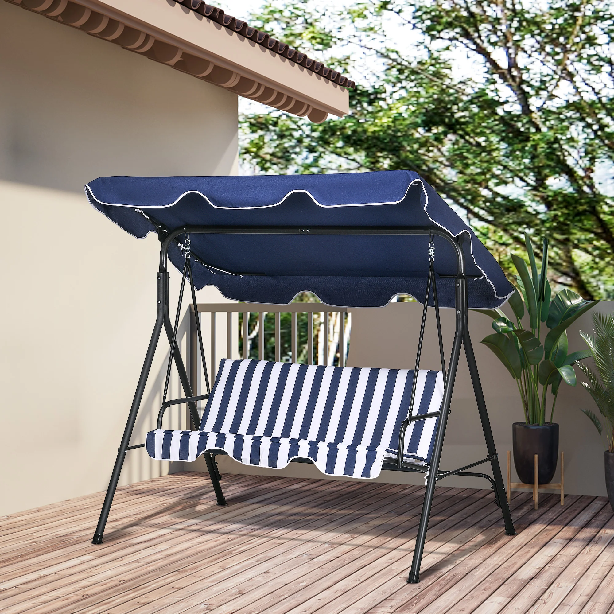 3-Seat Steel Frame Patio Swing Chair with Adjustable Canopy & Cushion, Dark Blue - Image 4