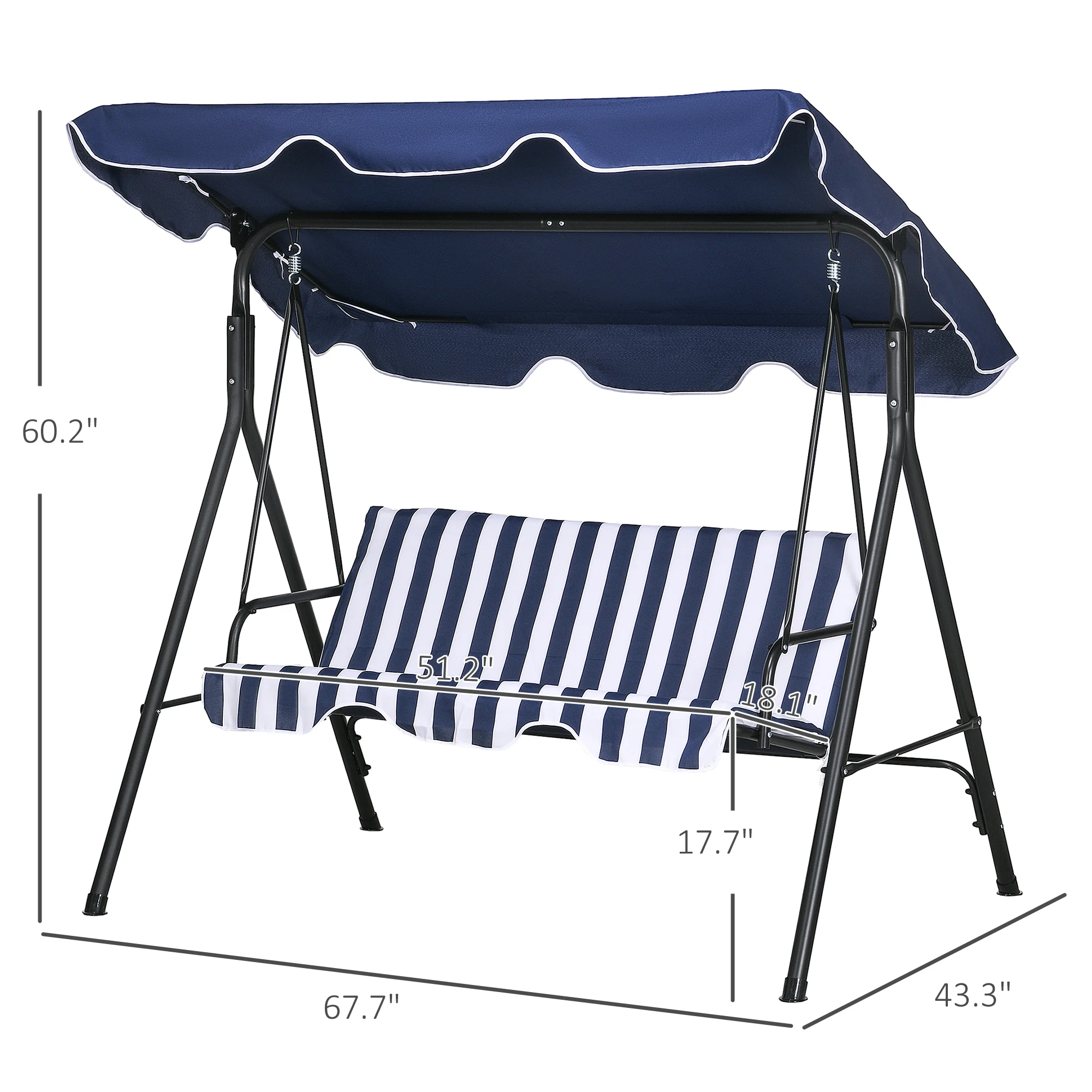 3-Seat Steel Frame Patio Swing Chair with Adjustable Canopy & Cushion, Dark Blue - Image 5