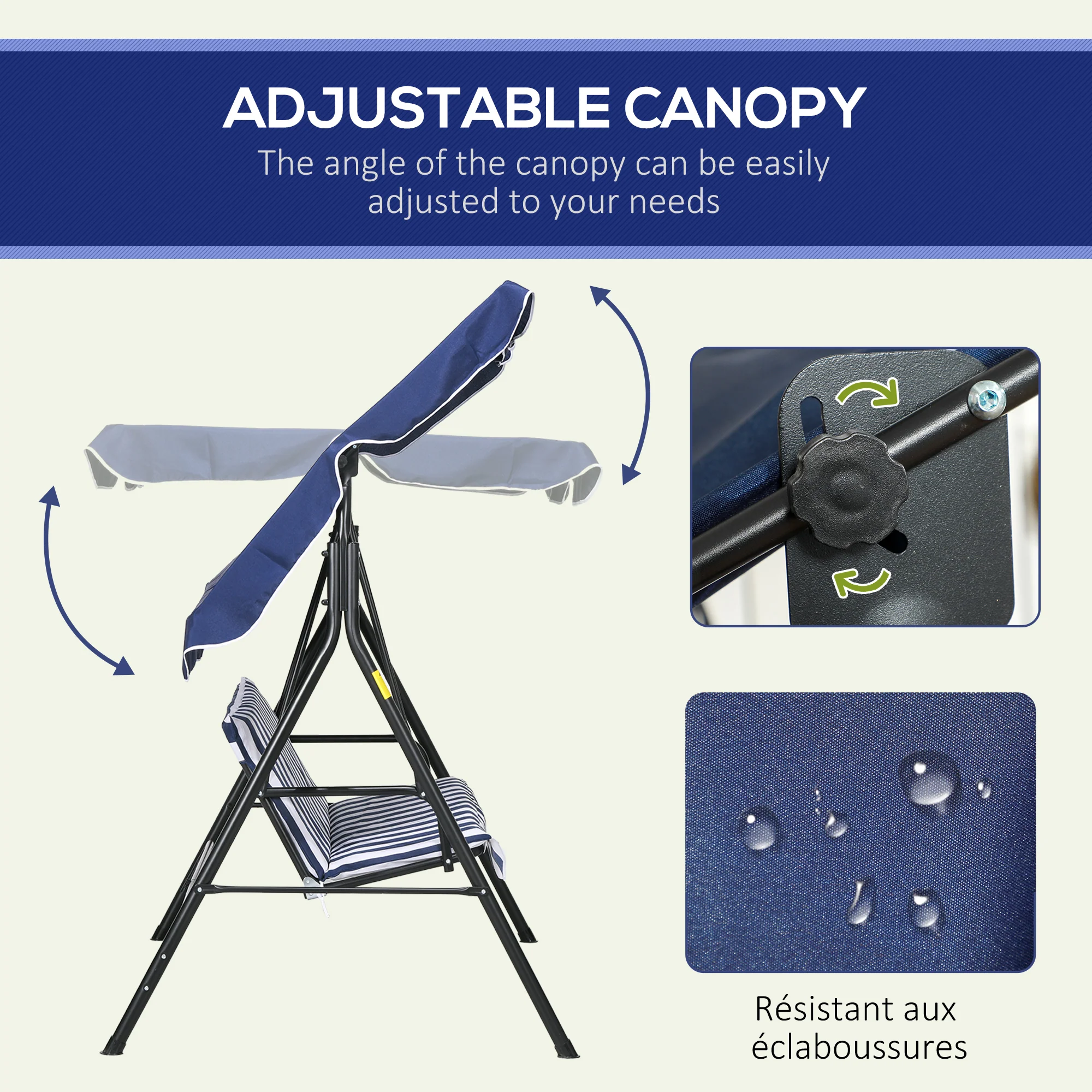 3-Seat Steel Frame Patio Swing Chair with Adjustable Canopy & Cushion, Dark Blue - Image 6