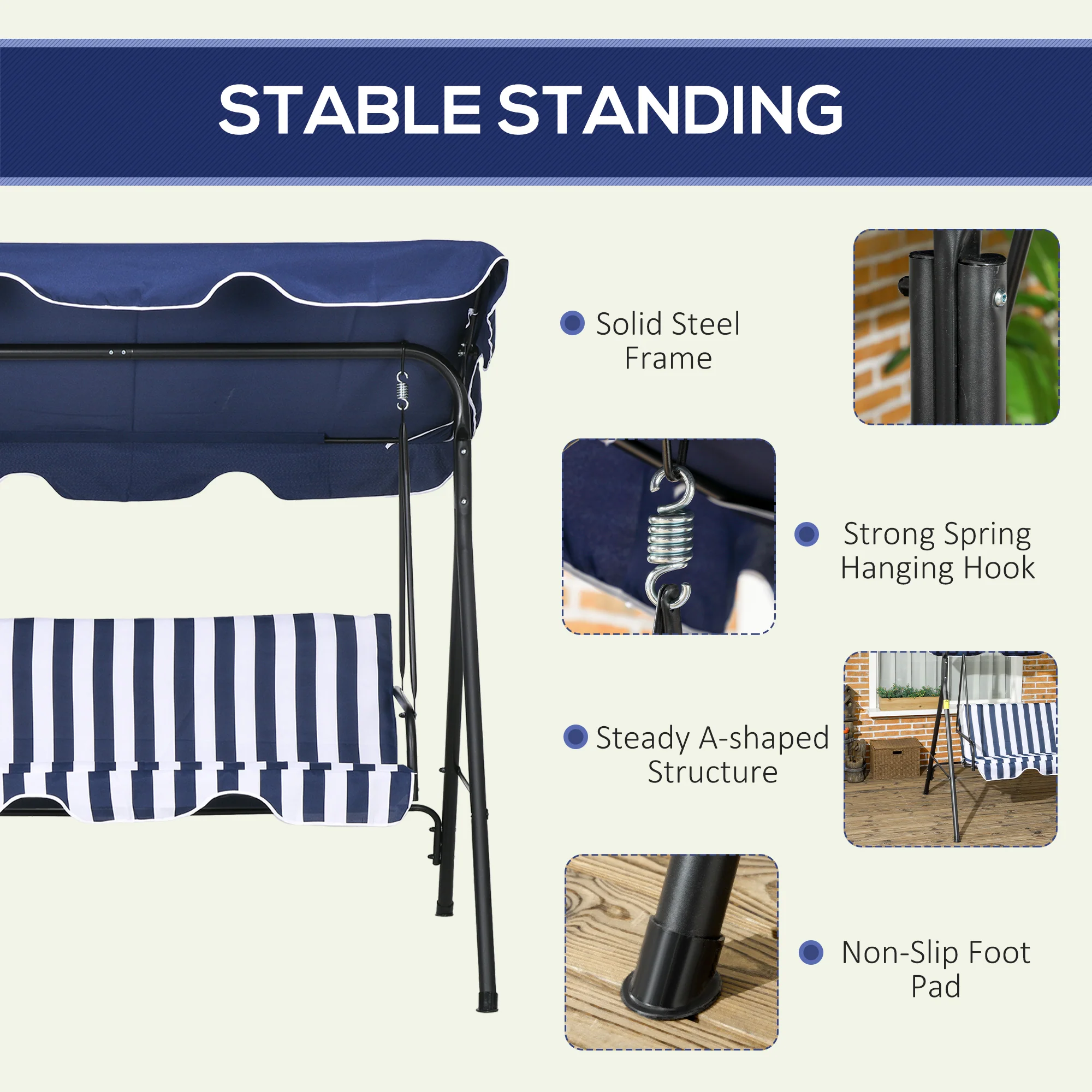 3-Seat Steel Frame Patio Swing Chair with Adjustable Canopy & Cushion, Dark Blue - Image 7