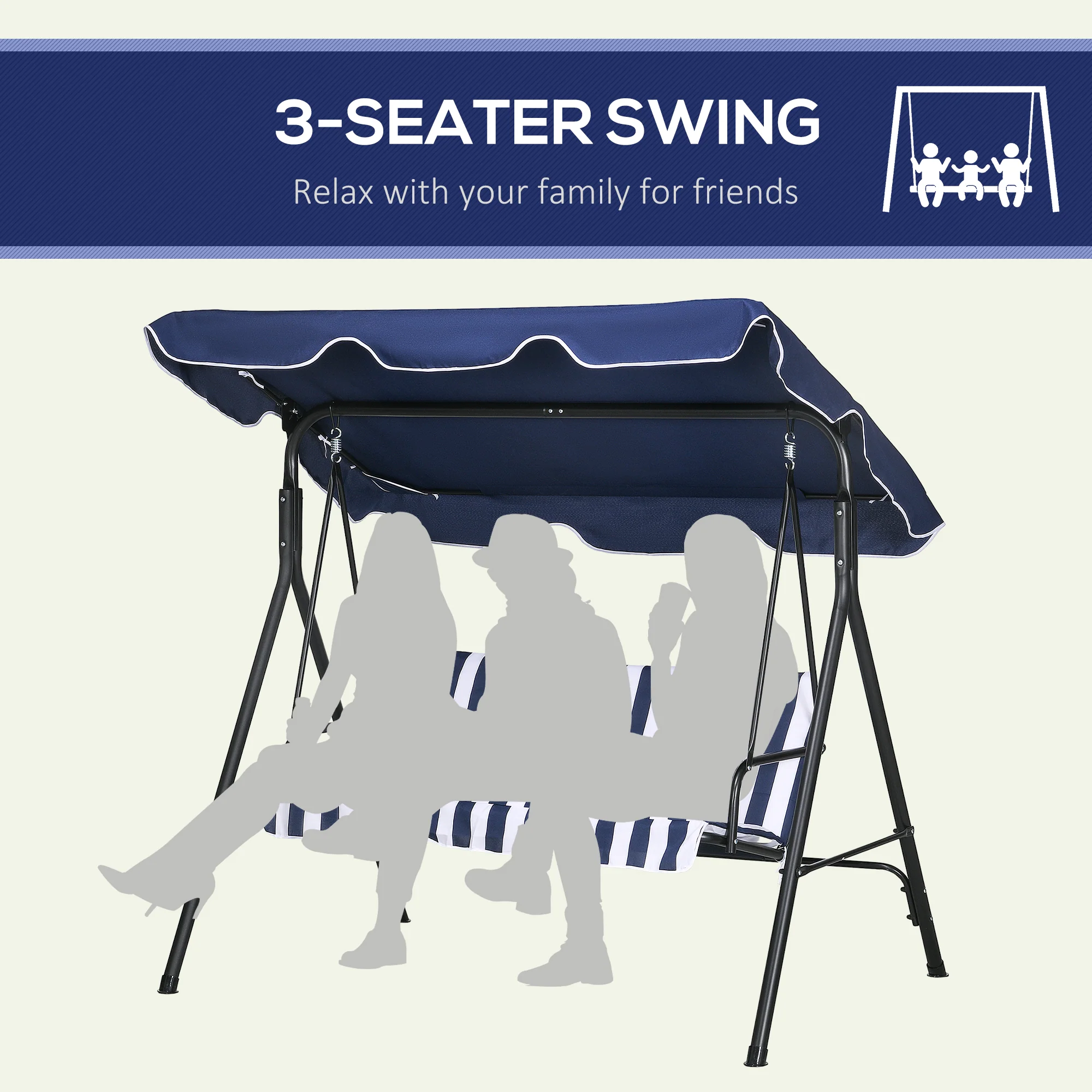 3-Seat Steel Frame Patio Swing Chair with Adjustable Canopy & Cushion, Dark Blue - Image 8