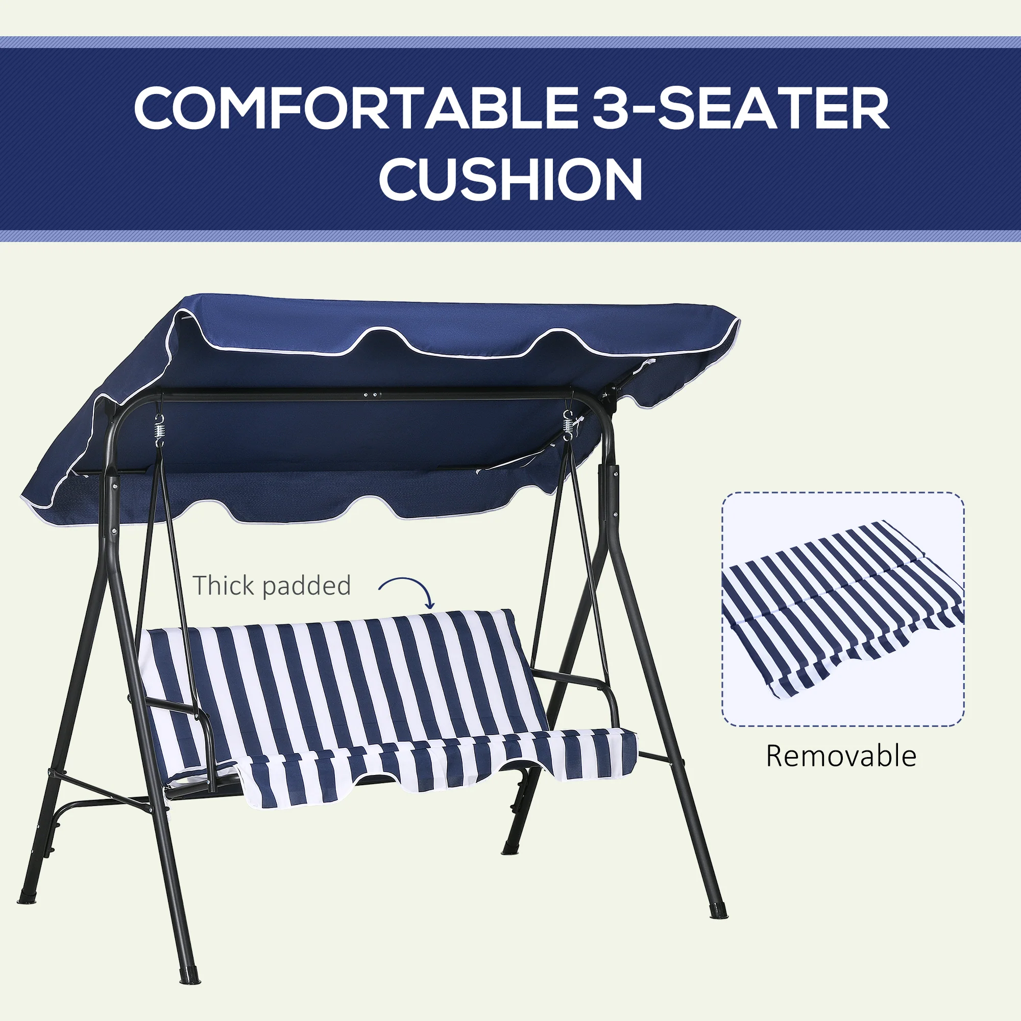 3-Seat Steel Frame Patio Swing Chair with Adjustable Canopy & Cushion, Dark Blue - Image 9