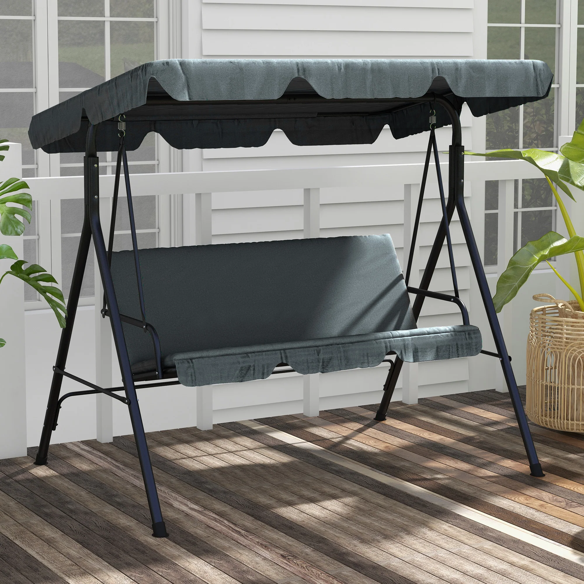 3-Seat Steel Frame Outdoor Swing Chair with Adjustable Canopy, Gray - Image 3